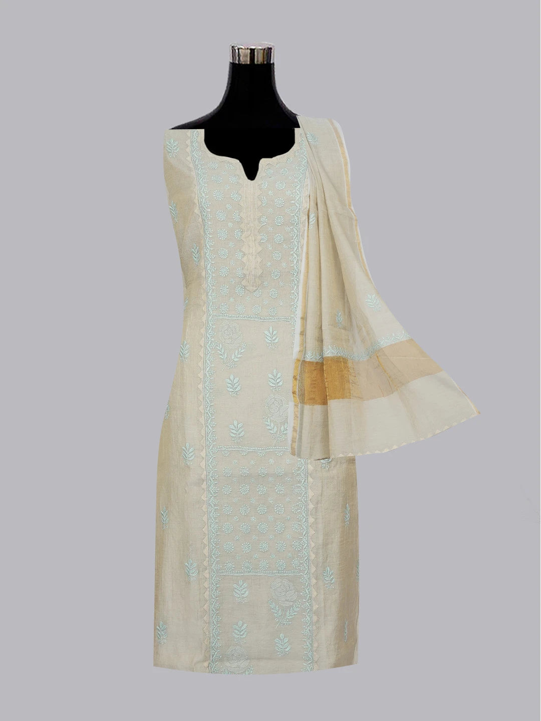 Ada Hand Embroidered Fawn Tissue Lucknowi Chikankari Semi stitched Kurta Dupatta Set 01A623202