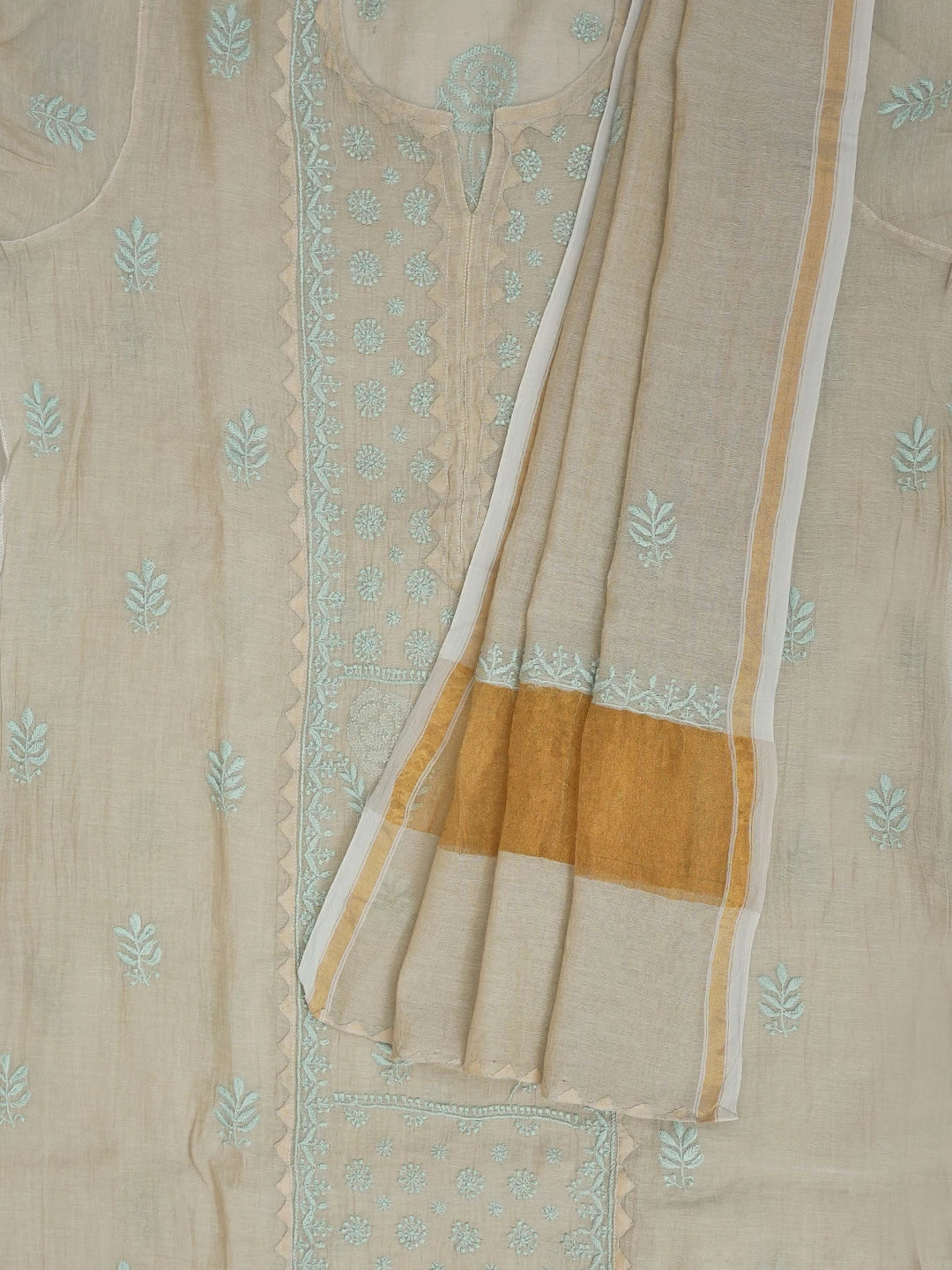 Ada Hand Embroidered Fawn Tissue Lucknowi Chikankari Semi stitched Kurta Dupatta Set 01A623202