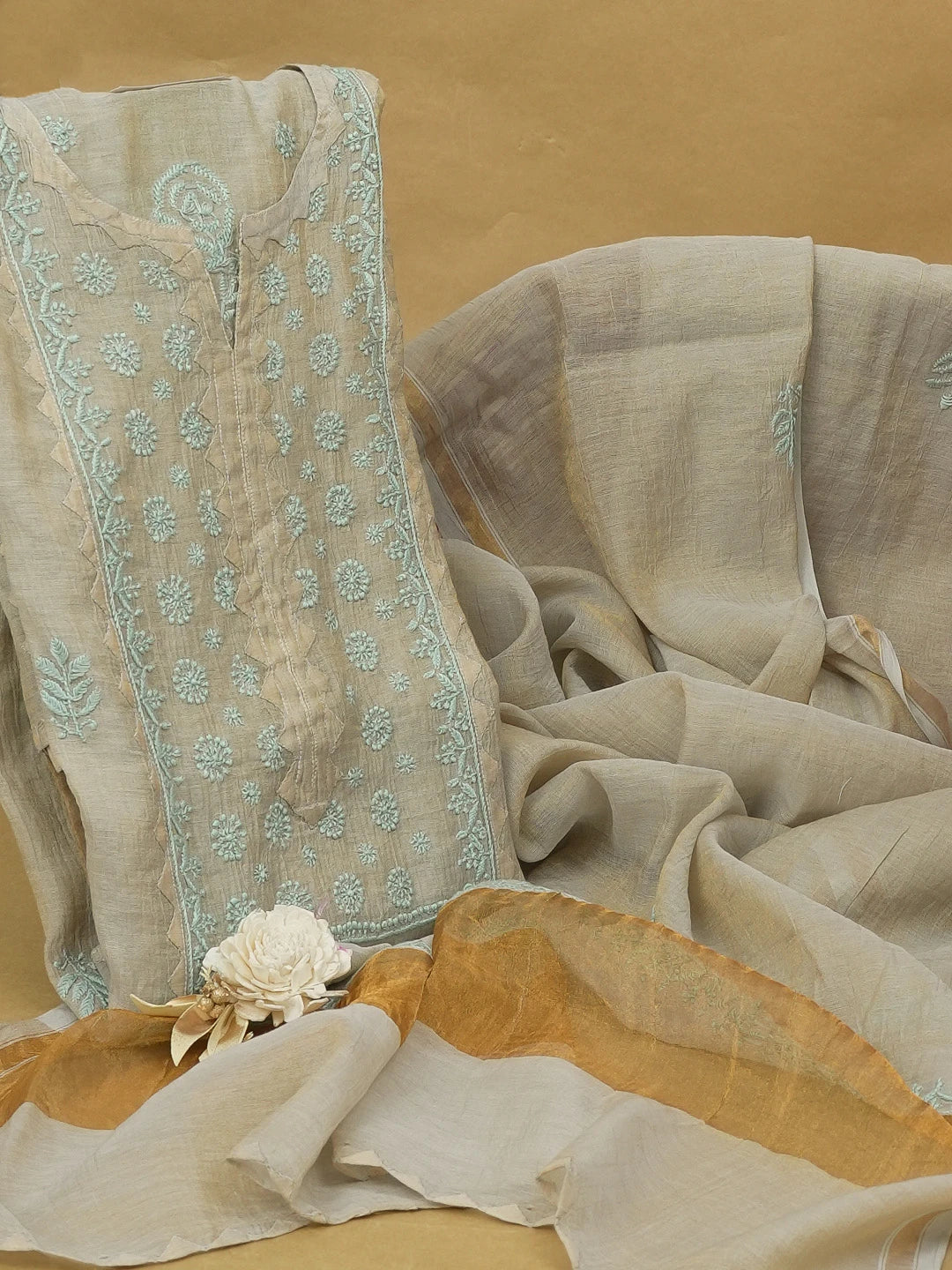 Ada Hand Embroidered Fawn Tissue Lucknowi Chikankari Semi stitched Kurta Dupatta Set 01A623202