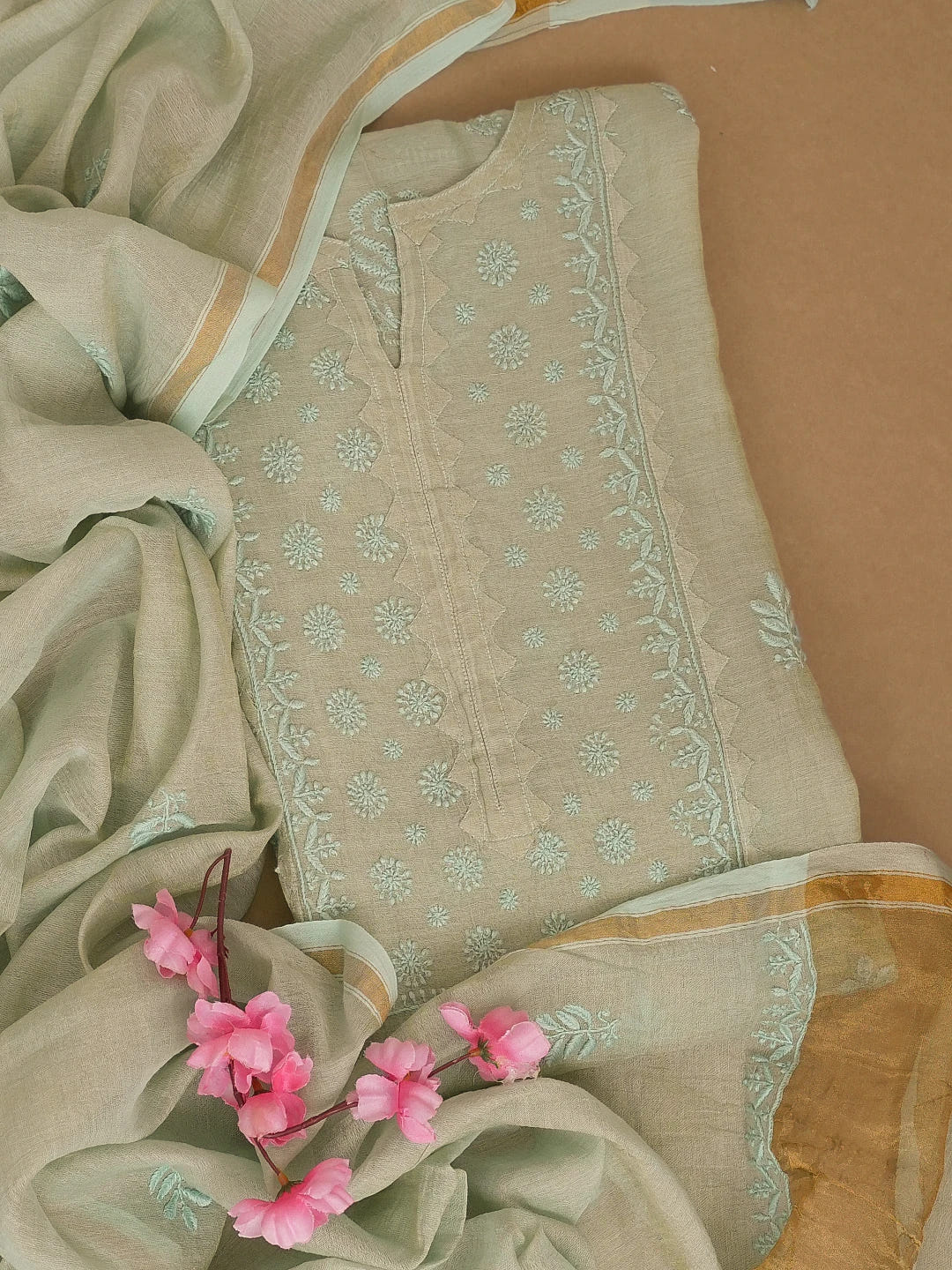 Ada Hand Embroidered Fawn Tissue Lucknowi Chikankari Semi stitched Kurta Dupatta Set 01A623202