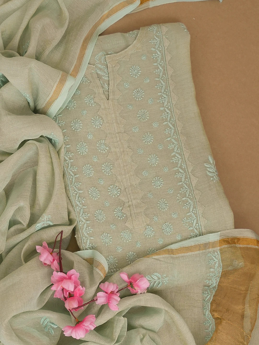 Ada Hand Embroidered Fawn Tissue Lucknowi Chikankari Semi stitched Kurta Dupatta Set 01A623202