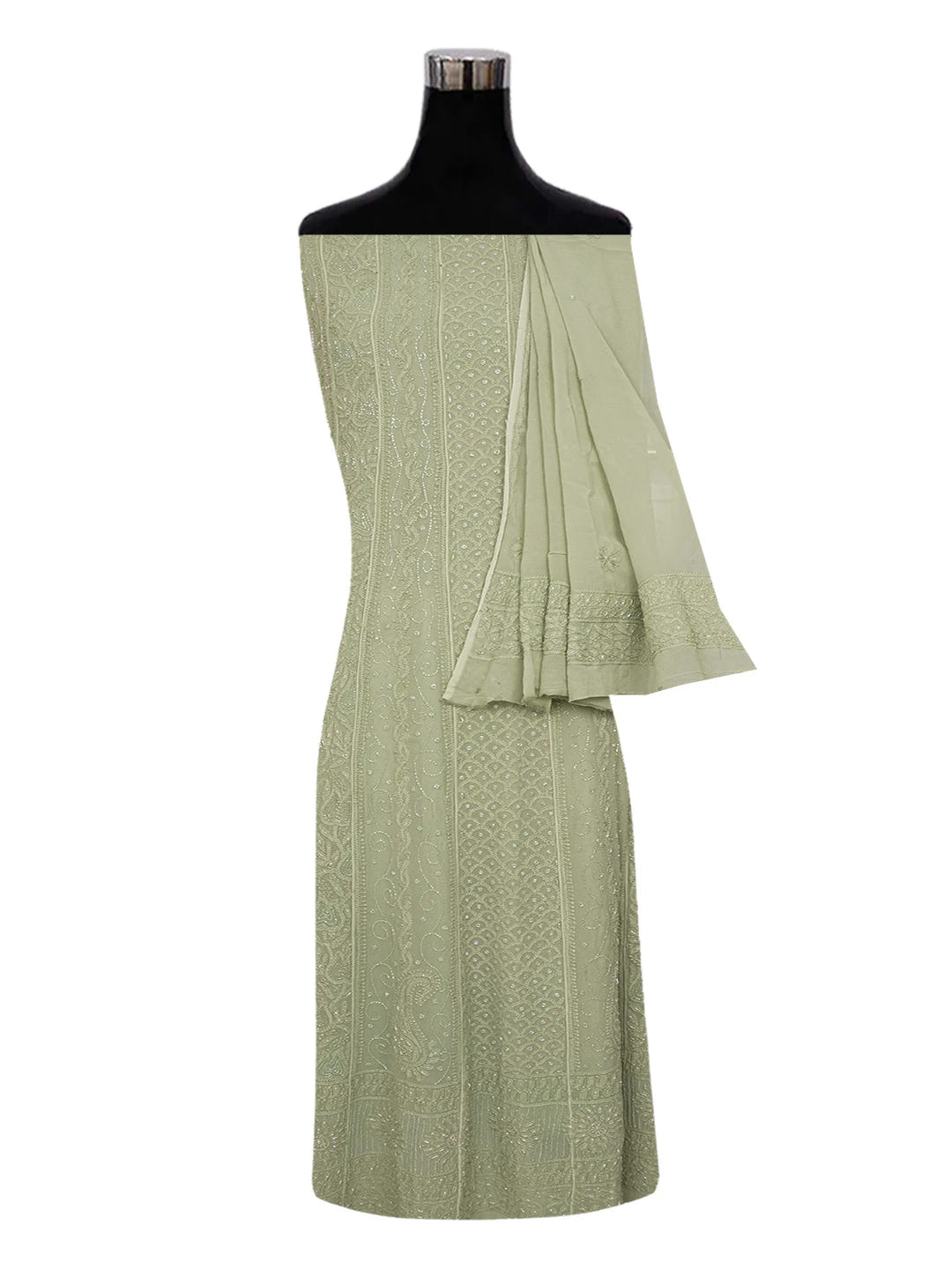 Ada Hand Embroidered Asparagus Green Viscose Georgette Lucknowi Chikankari Semi-Stitched Anarkali Kurta Dupatta Set With Cutdana Work 01A598023