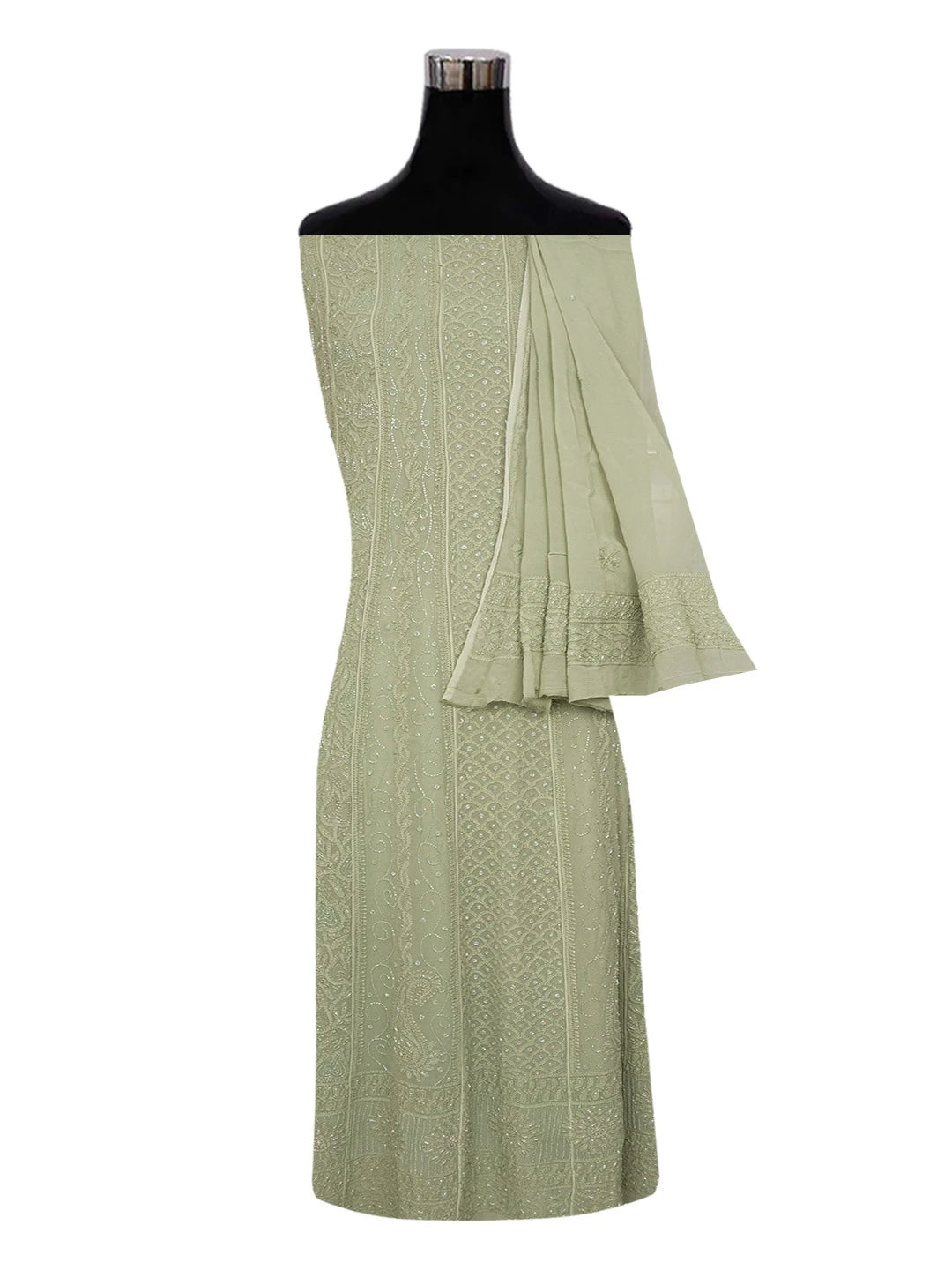 Ada Hand Embroidered Asparagus Green Viscose Georgette Lucknowi Chikankari Semi-Stitched Anarkali Kurta Dupatta Set With Cutdana Work 01A598023