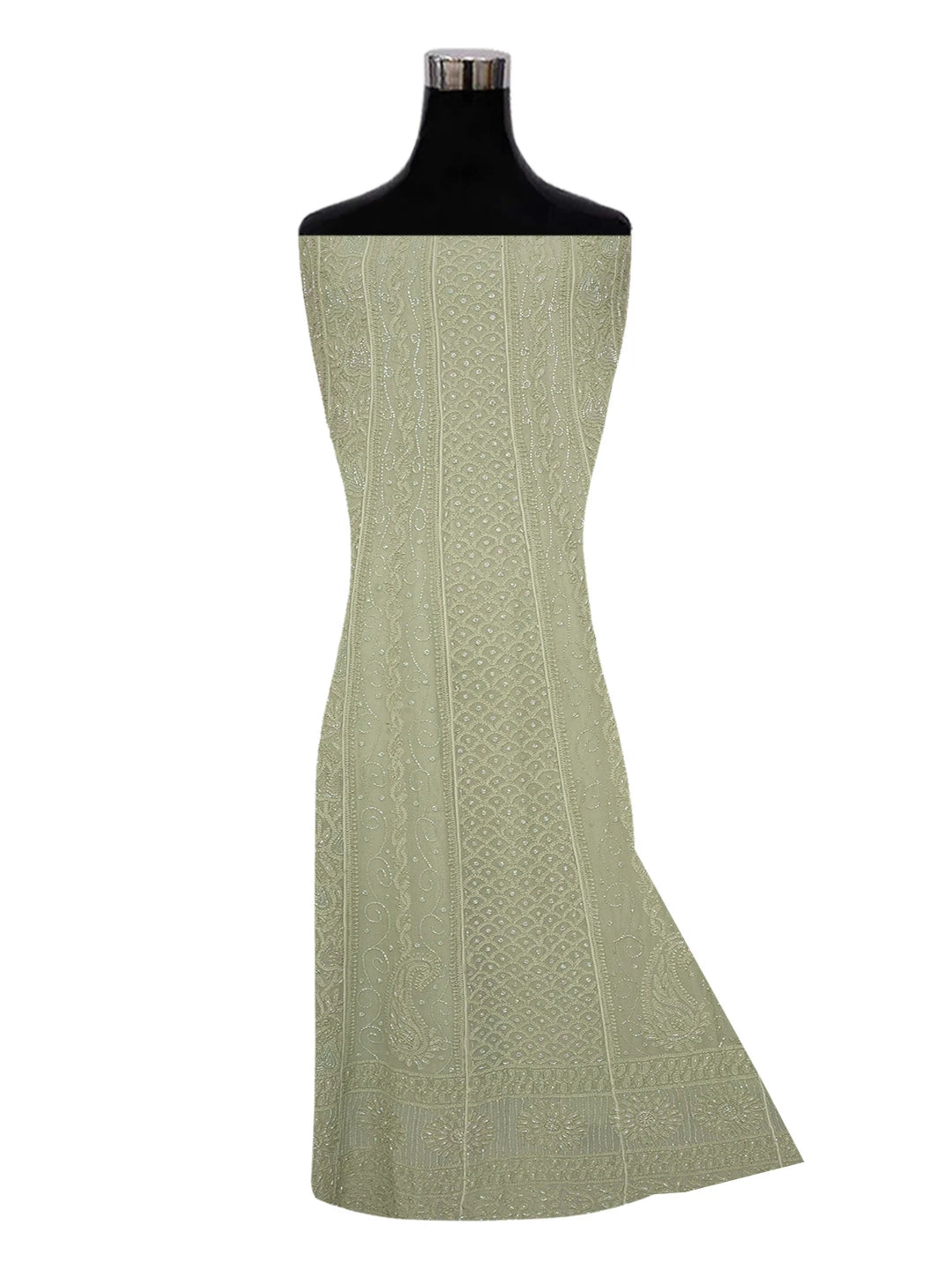 Ada Hand Embroidered Asparagus Green Viscose Georgette Lucknowi Chikankari Semi-Stitched Anarkali Kurta Dupatta Set With Cutdana Work 01A598023