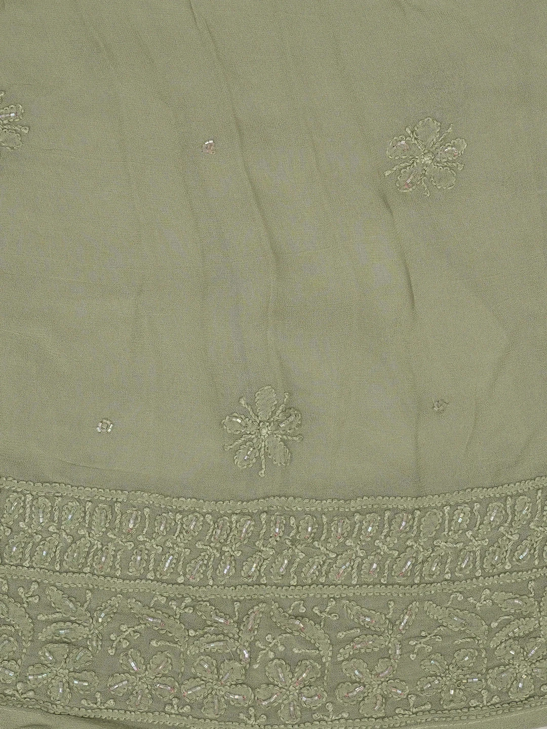Ada Hand Embroidered Asparagus Green Viscose Georgette Lucknowi Chikankari Semi-Stitched Anarkali Kurta Dupatta Set With Cutdana Work 01A598023