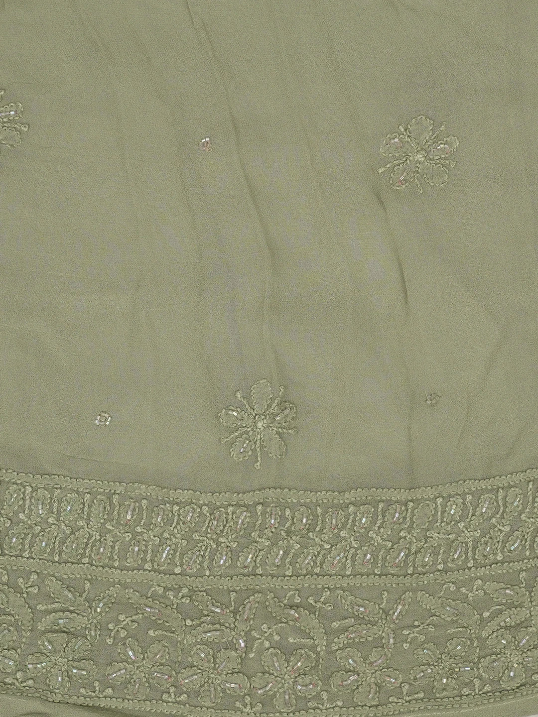 Ada Hand Embroidered Asparagus Green Viscose Georgette Lucknowi Chikankari Semi-Stitched Anarkali Kurta Dupatta Set With Cutdana Work 01A598023