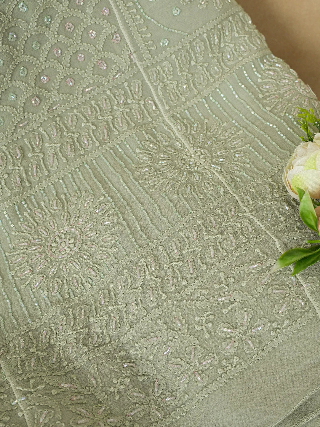 Ada Hand Embroidered Asparagus Green Viscose Georgette Lucknowi Chikankari Semi-Stitched Anarkali Kurta Dupatta Set With Cutdana Work 01A598023