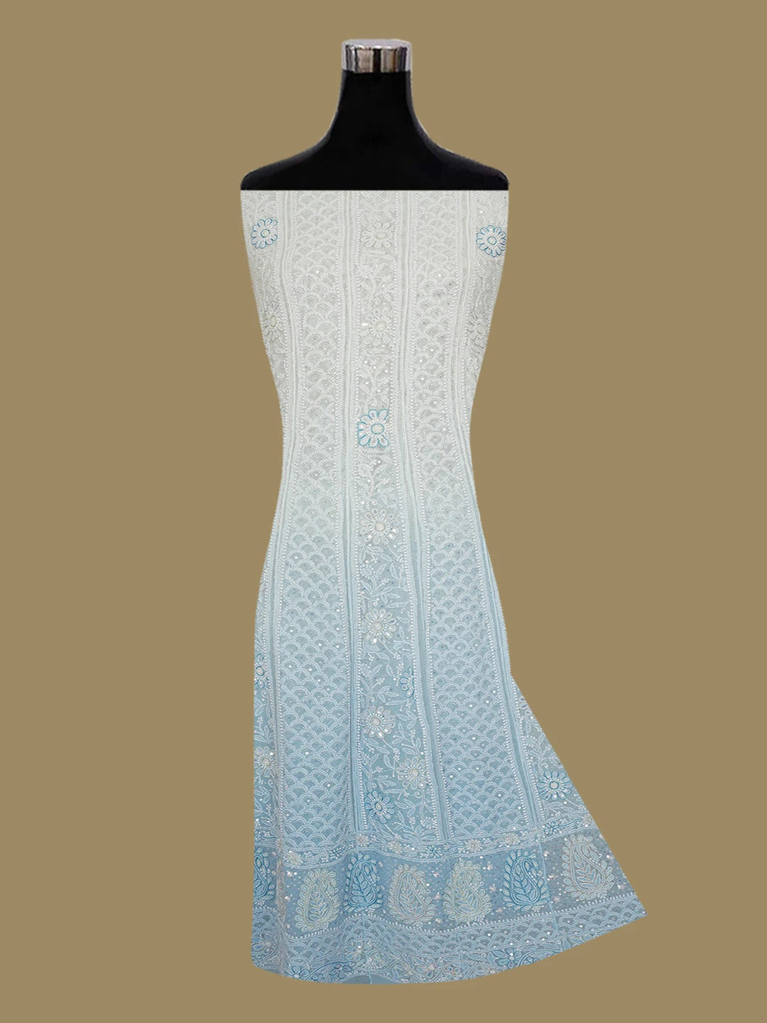 Ada Hand Embroidered Sky Blue Pure Georgette Lucknowi Chikankari Semi-Stitched Anarkali Kurta Dupatta Set With Cutdana and Sequinned Work 01A559256