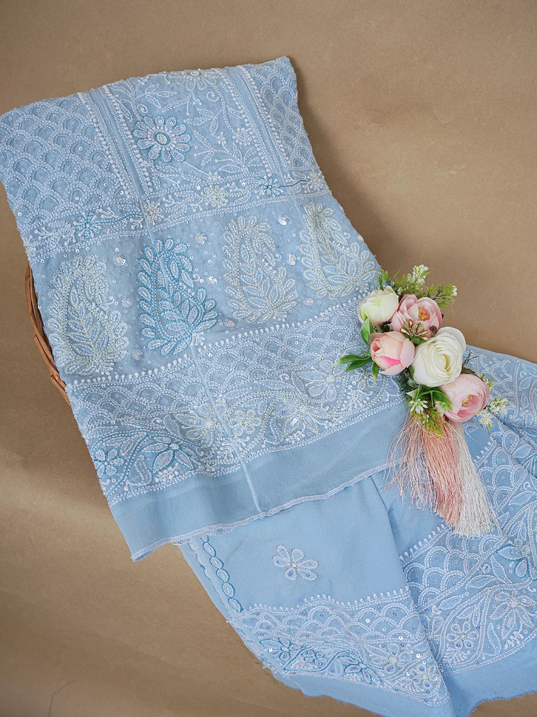 Ada Hand Embroidered Sky Blue Pure Georgette Lucknowi Chikankari Semi-Stitched Anarkali Kurta Dupatta Set With Cutdana and Sequinned Work 01A559256