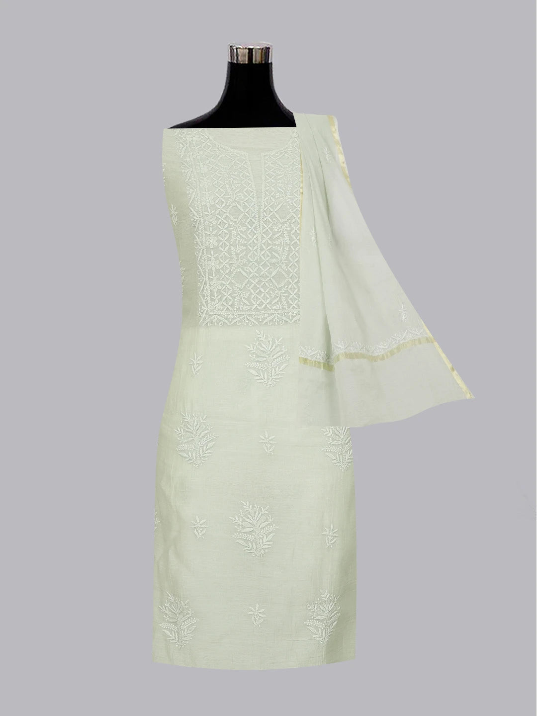 Ada Hand Embroidered Pista Green Chanderi Lucknowi Chikankari Unstitched Kurta Dupatta Set 01A621818
