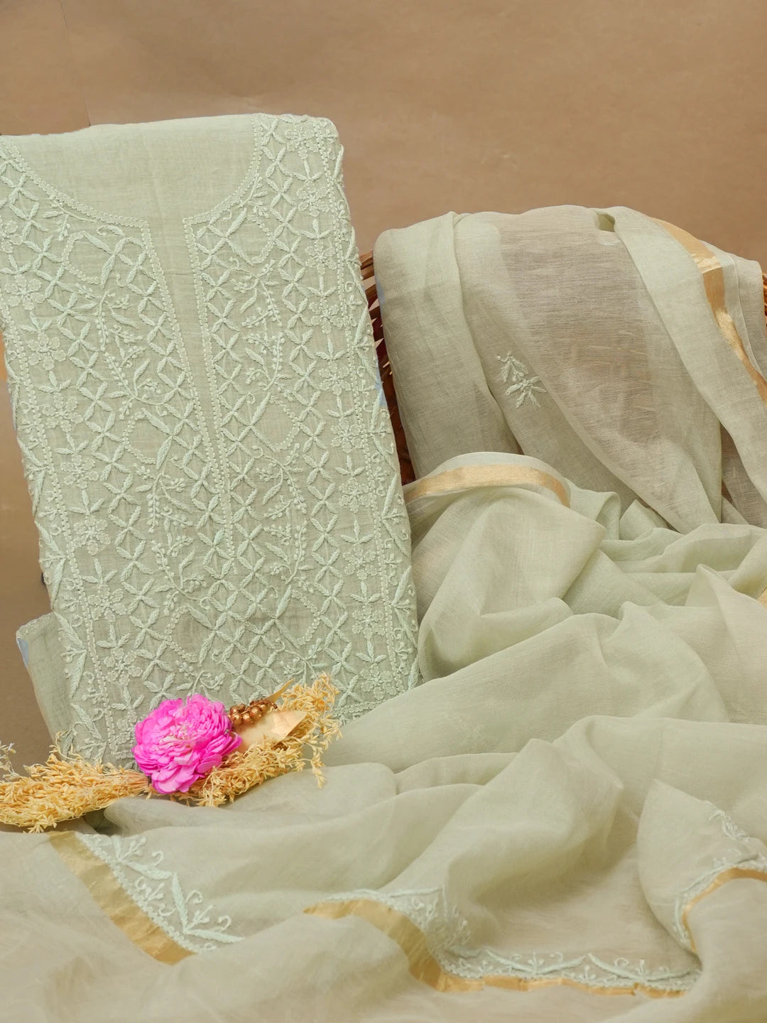Ada Hand Embroidered Pista Green Chanderi Lucknowi Chikankari Unstitched Kurta Dupatta Set 01A621818
