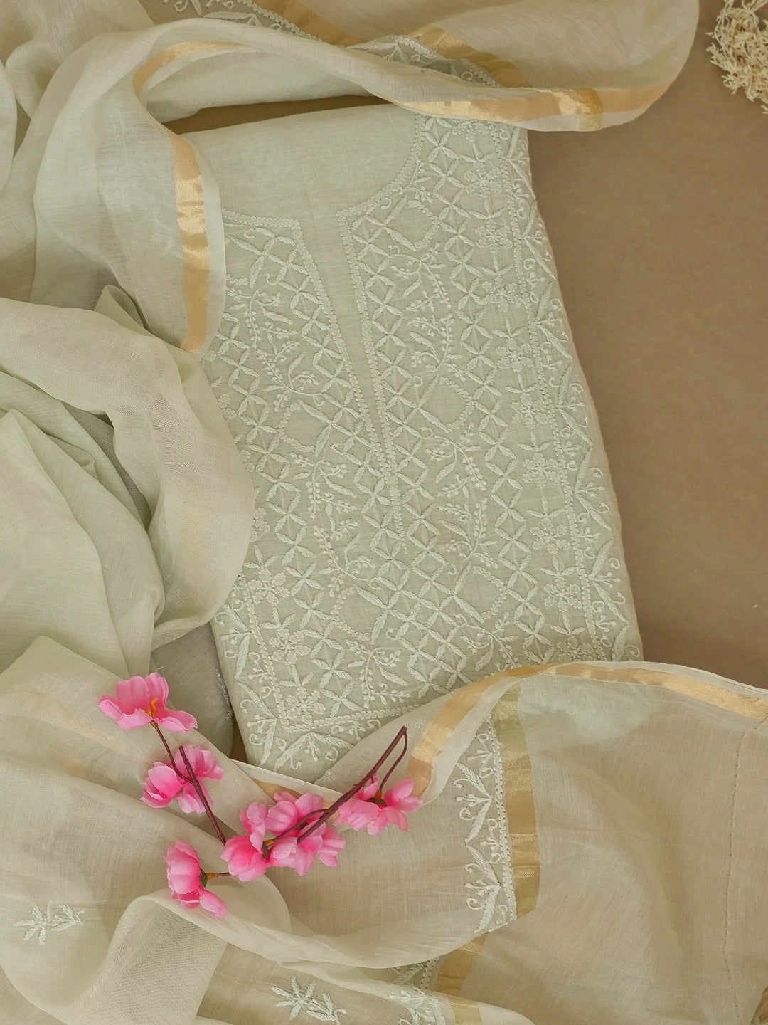 Ada Hand Embroidered Pista Green Chanderi Lucknowi Chikankari Unstitched Kurta Dupatta Set 01A621818