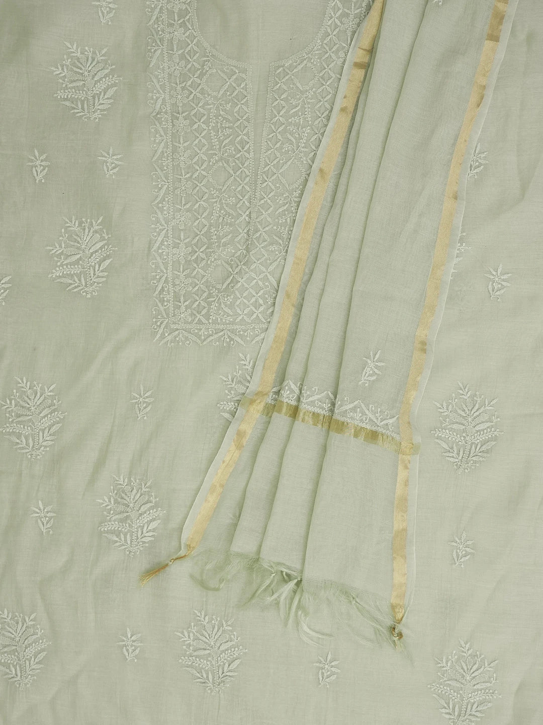 Ada Hand Embroidered Pista Green Chanderi Lucknowi Chikankari Unstitched Kurta Dupatta Set 01A621818