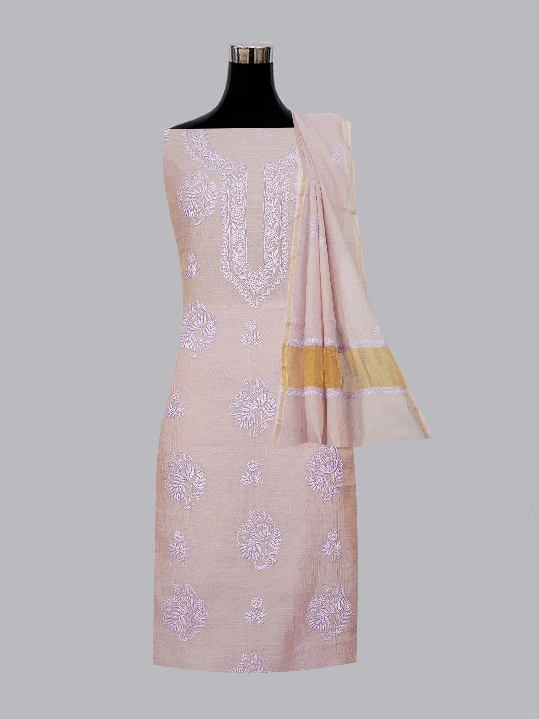 Ada Hand Embroidered Mauve Pink Tissue Lucknowi Chikankari Unstitched Kurta Dupatta Set 01A623114