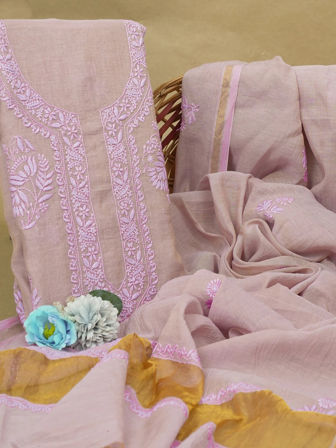 Ada Hand Embroidered Mauve Pink Tissue Lucknowi Chikankari Unstitched Kurta Dupatta Set 01A623114