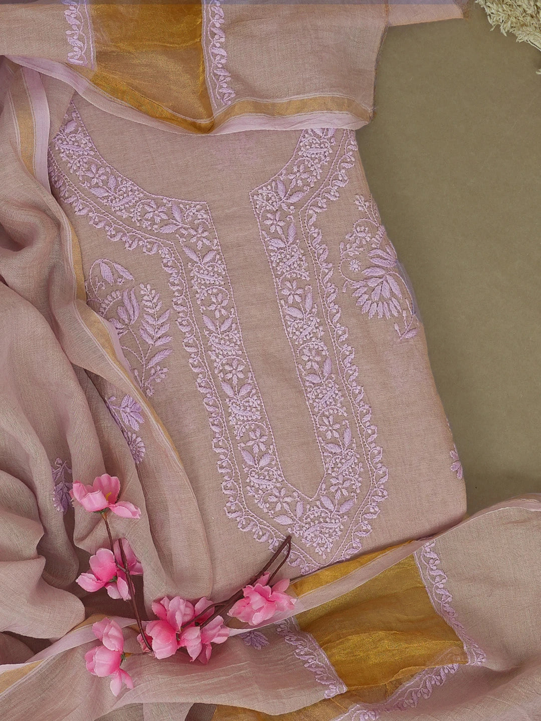 Ada Hand Embroidered Mauve Pink Tissue Lucknowi Chikankari Unstitched Kurta Dupatta Set 01A623114