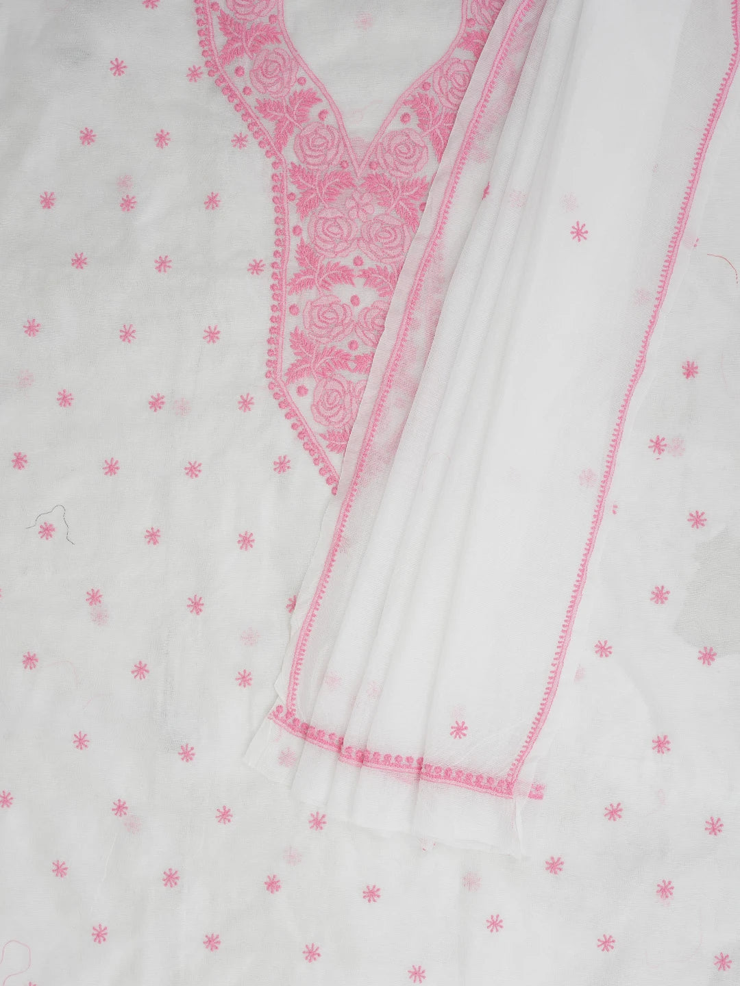 Ada Hand Embroidered White Super Net Lucknowi Chikankari Unstitched Kurta Dupatta Set 01A466475