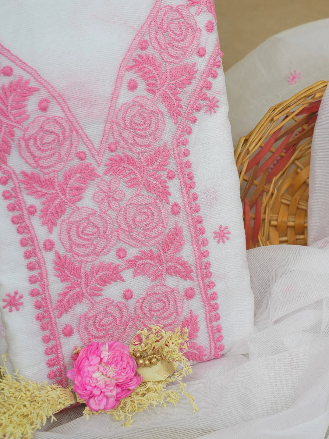 Ada Hand Embroidered White Super Net Lucknowi Chikankari Unstitched Kurta Dupatta Set 01A466475