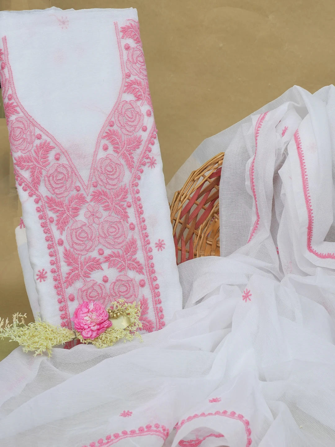 Ada Hand Embroidered White Super Net Lucknowi Chikankari Unstitched Kurta Dupatta Set 01A466475