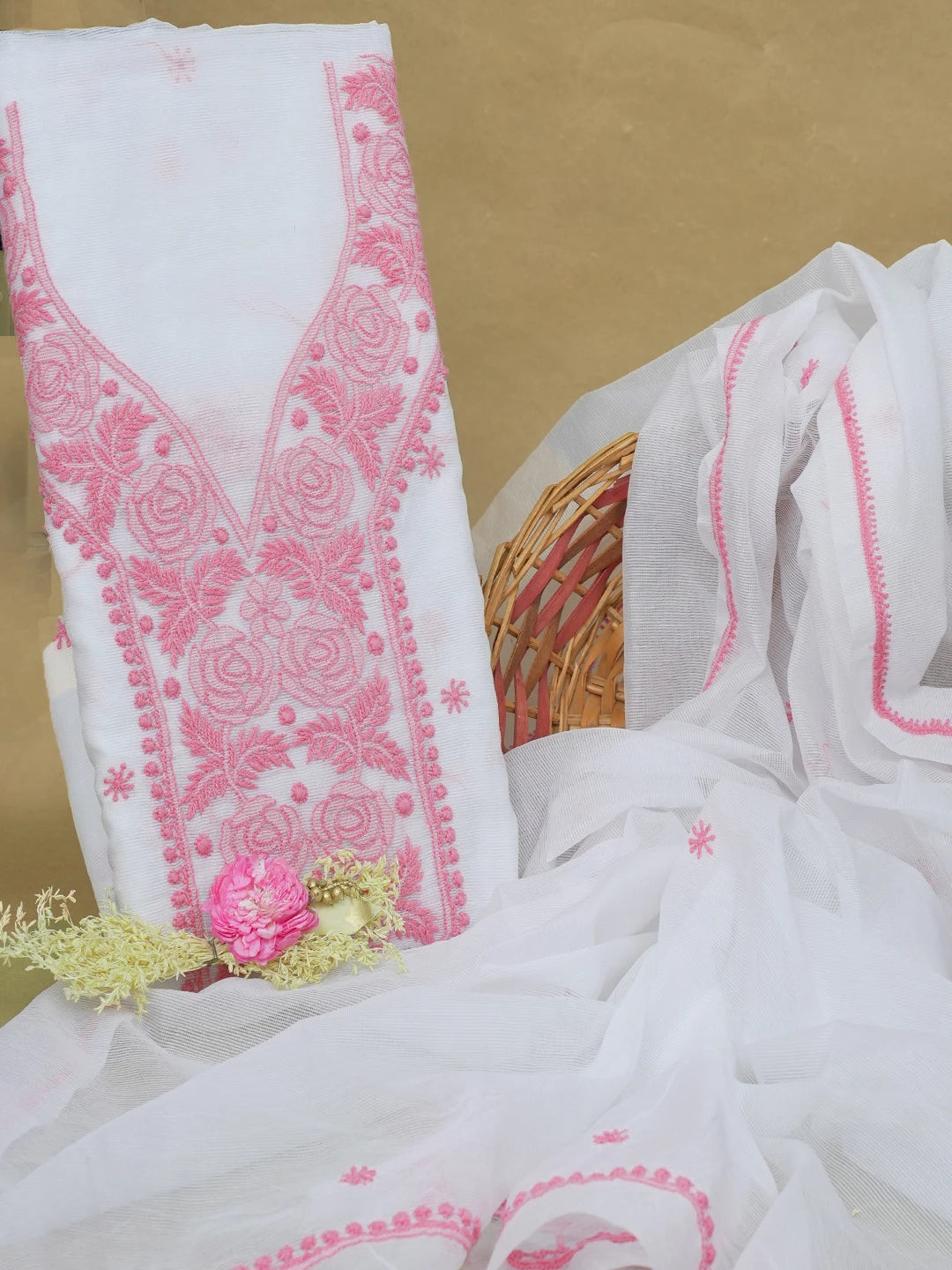 Ada Hand Embroidered White Super Net Lucknowi Chikankari Unstitched Kurta Dupatta Set 01A466475