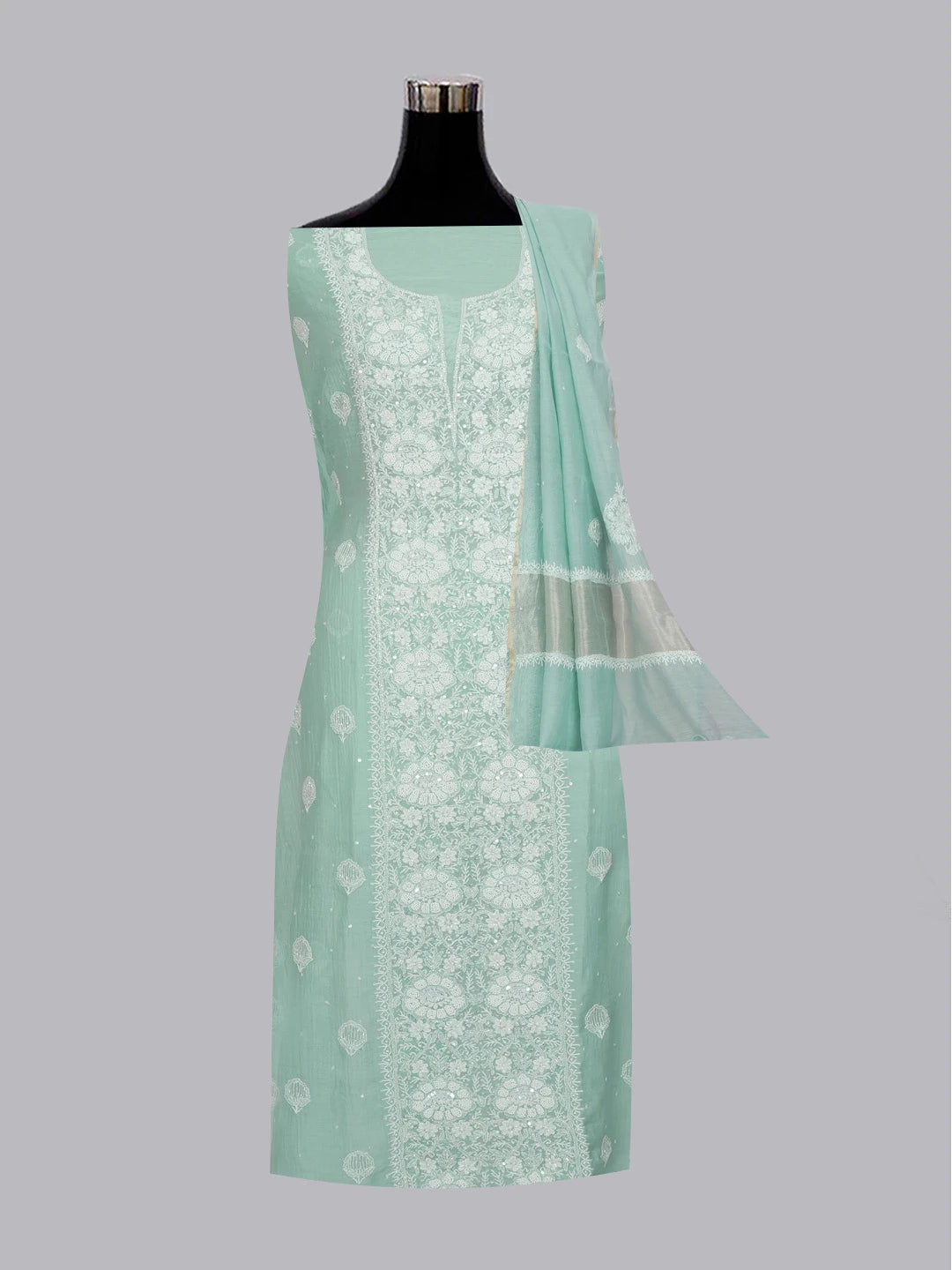 Ada Hand Embroidered Light Teal Green Chanderi Lucknowi Chikankari Unstitched Kurta Dupatta Set 01A607502