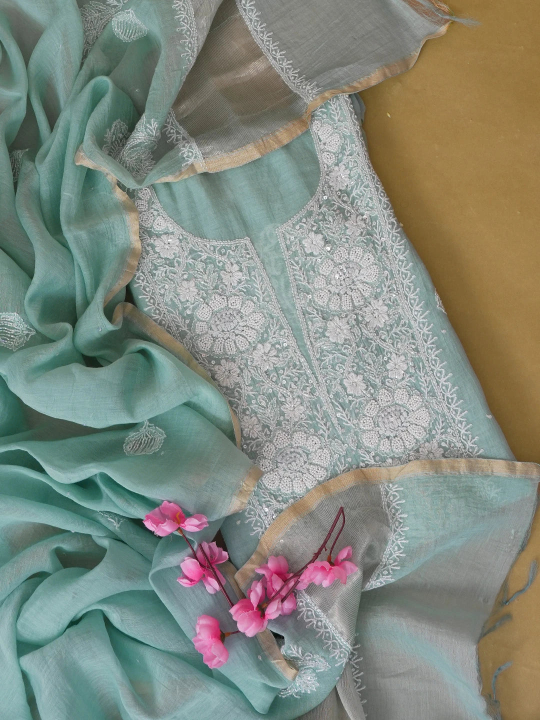 Ada Hand Embroidered Light Teal Green Chanderi Lucknowi Chikankari Unstitched Kurta Dupatta Set 01A607502
