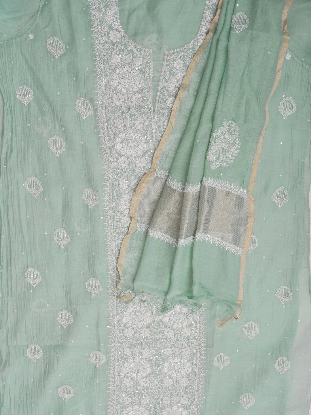 Ada Hand Embroidered Light Teal Green Chanderi Lucknowi Chikankari Unstitched Kurta Dupatta Set 01A607502