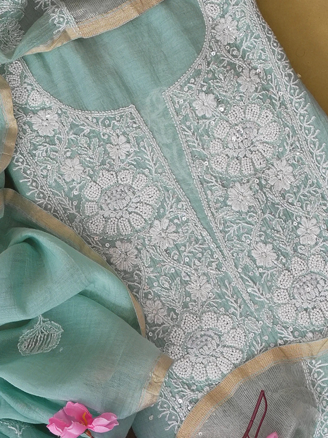 Ada Hand Embroidered Light Teal Green Chanderi Lucknowi Chikankari Unstitched Kurta Dupatta Set 01A607502