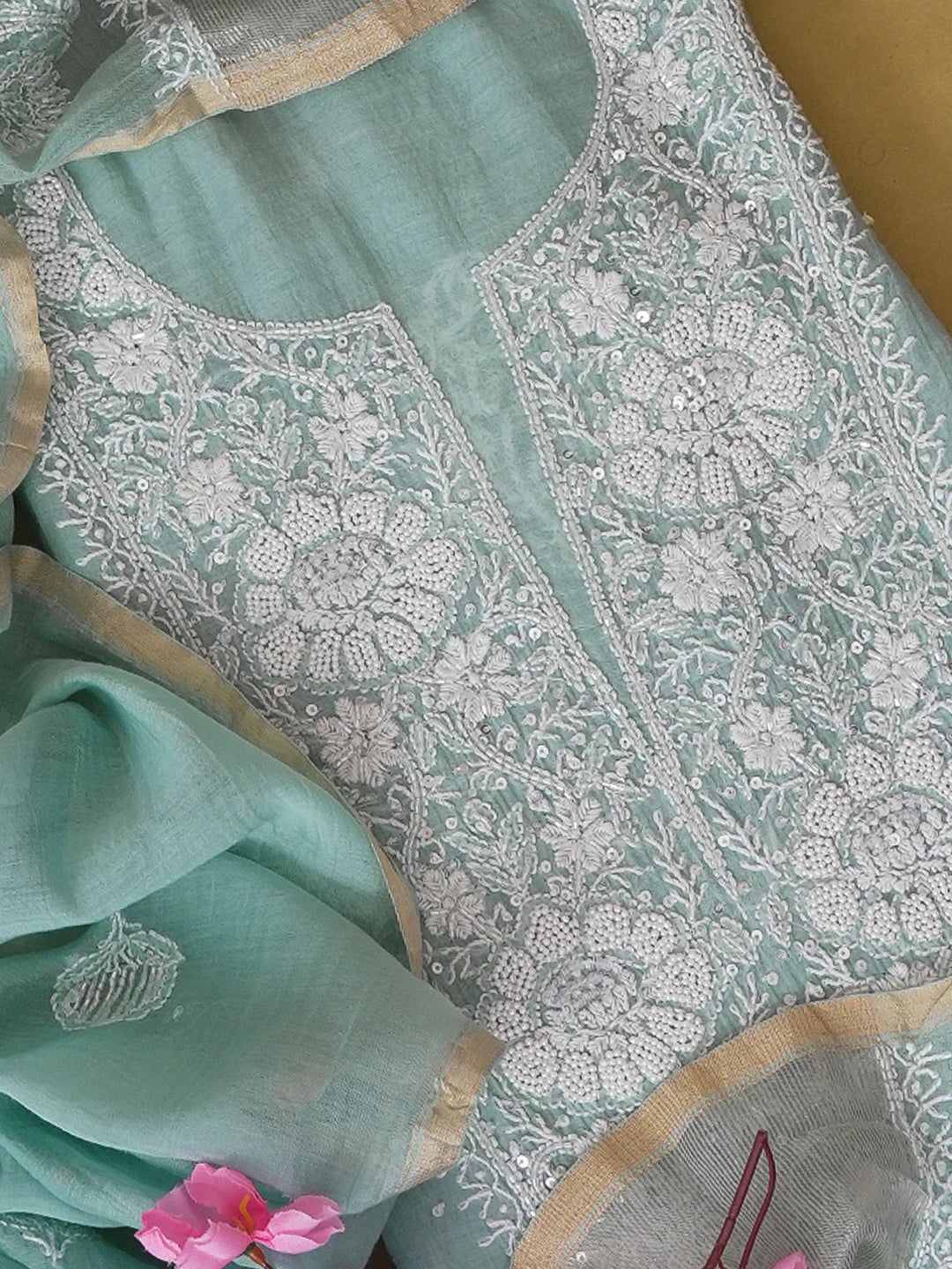 Ada Hand Embroidered Light Teal Green Chanderi Lucknowi Chikankari Unstitched Kurta Dupatta Set 01A607502