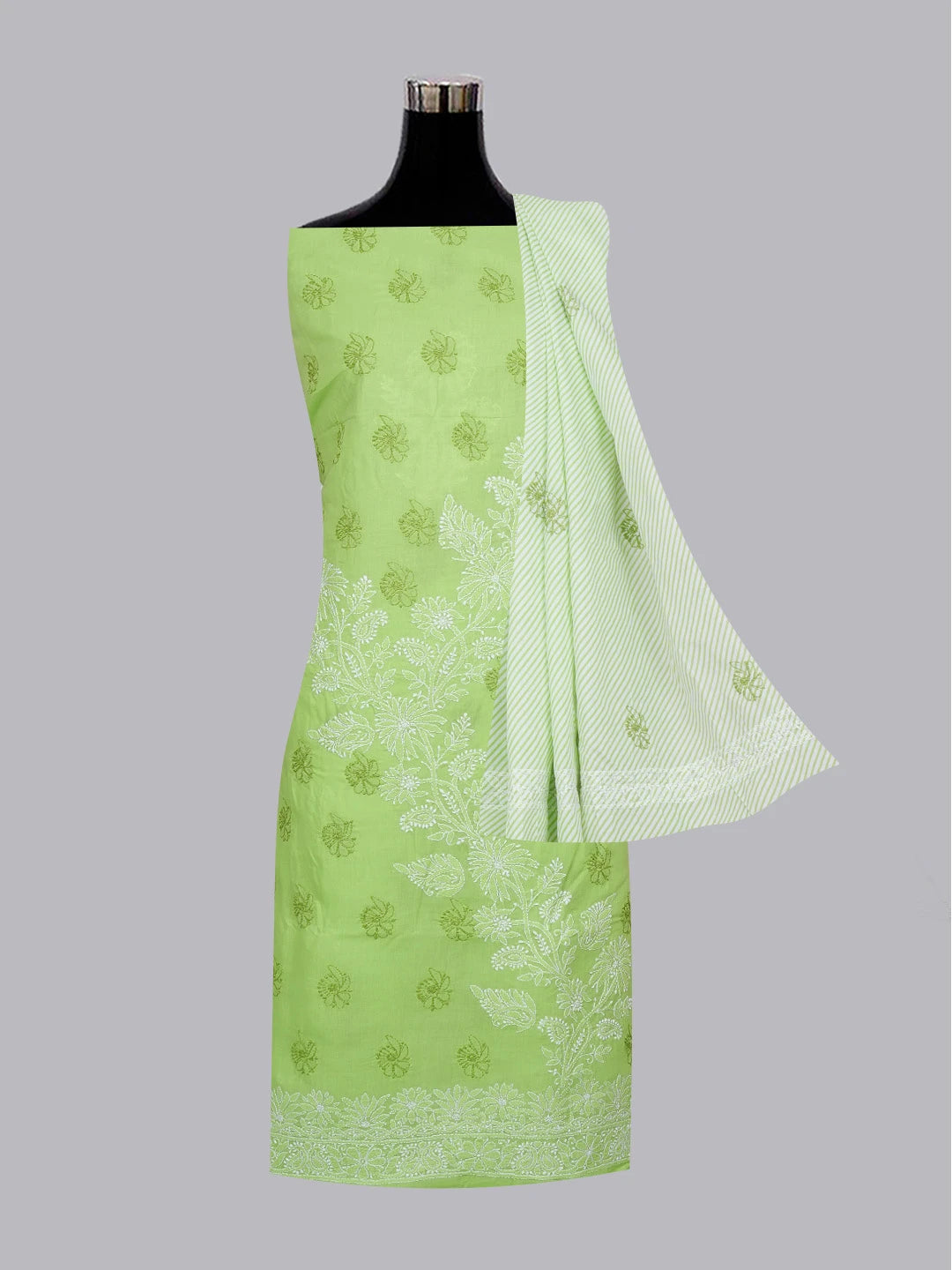 Ada Hand Embroidered Green Cotton Lucknowi Chikankari Unstitched Suit Piece 01A628091