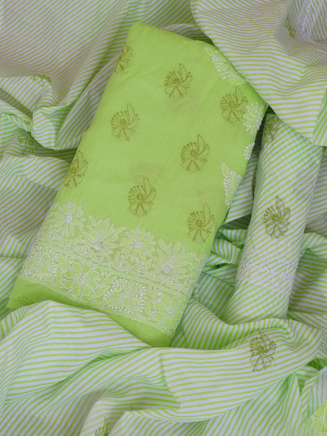 Ada Hand Embroidered Green Cotton Lucknowi Chikankari Unstitched Suit Piece 01A628091