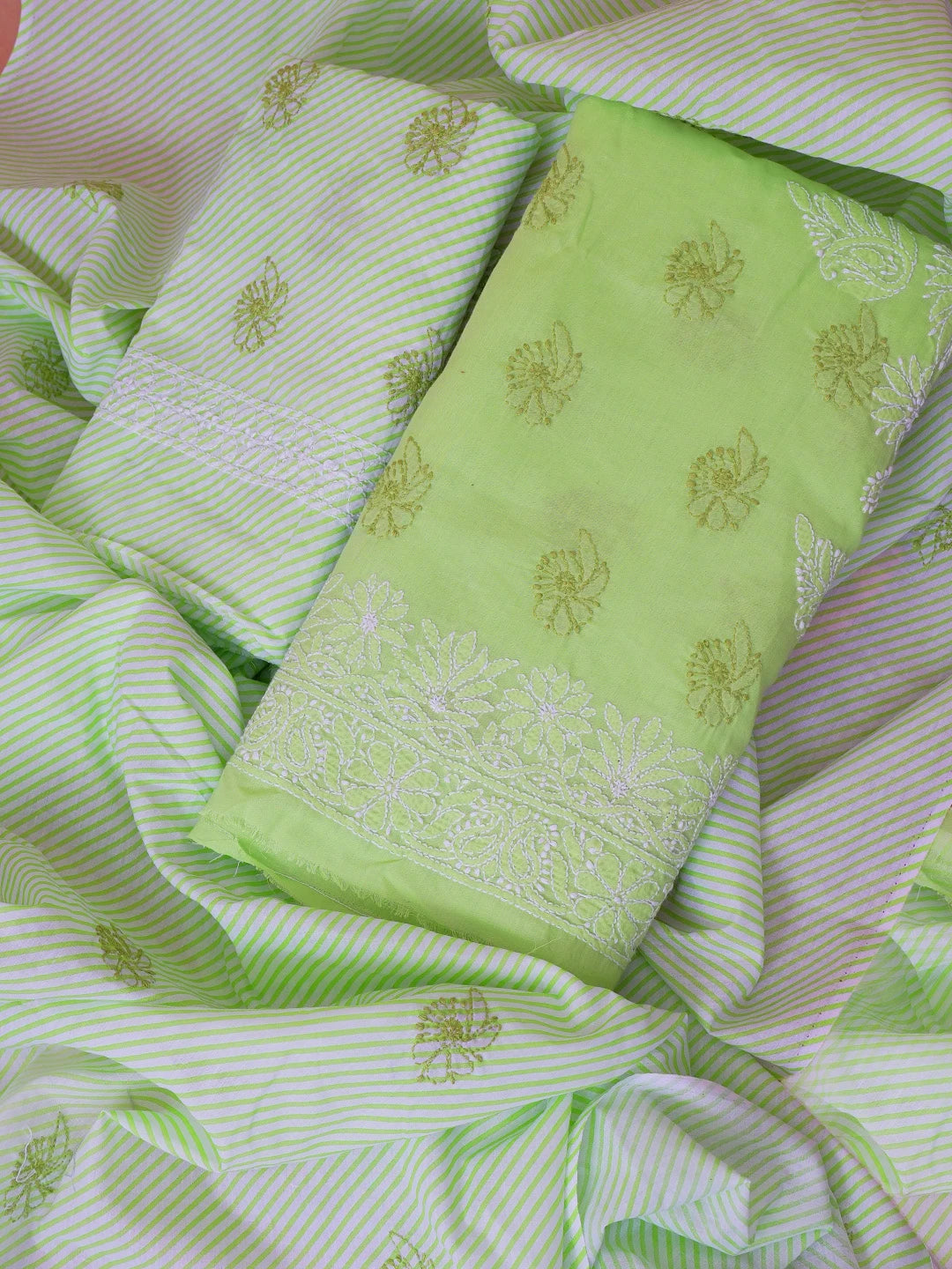 Ada Hand Embroidered Green Cotton Lucknowi Chikankari Unstitched Suit Piece 01A628091