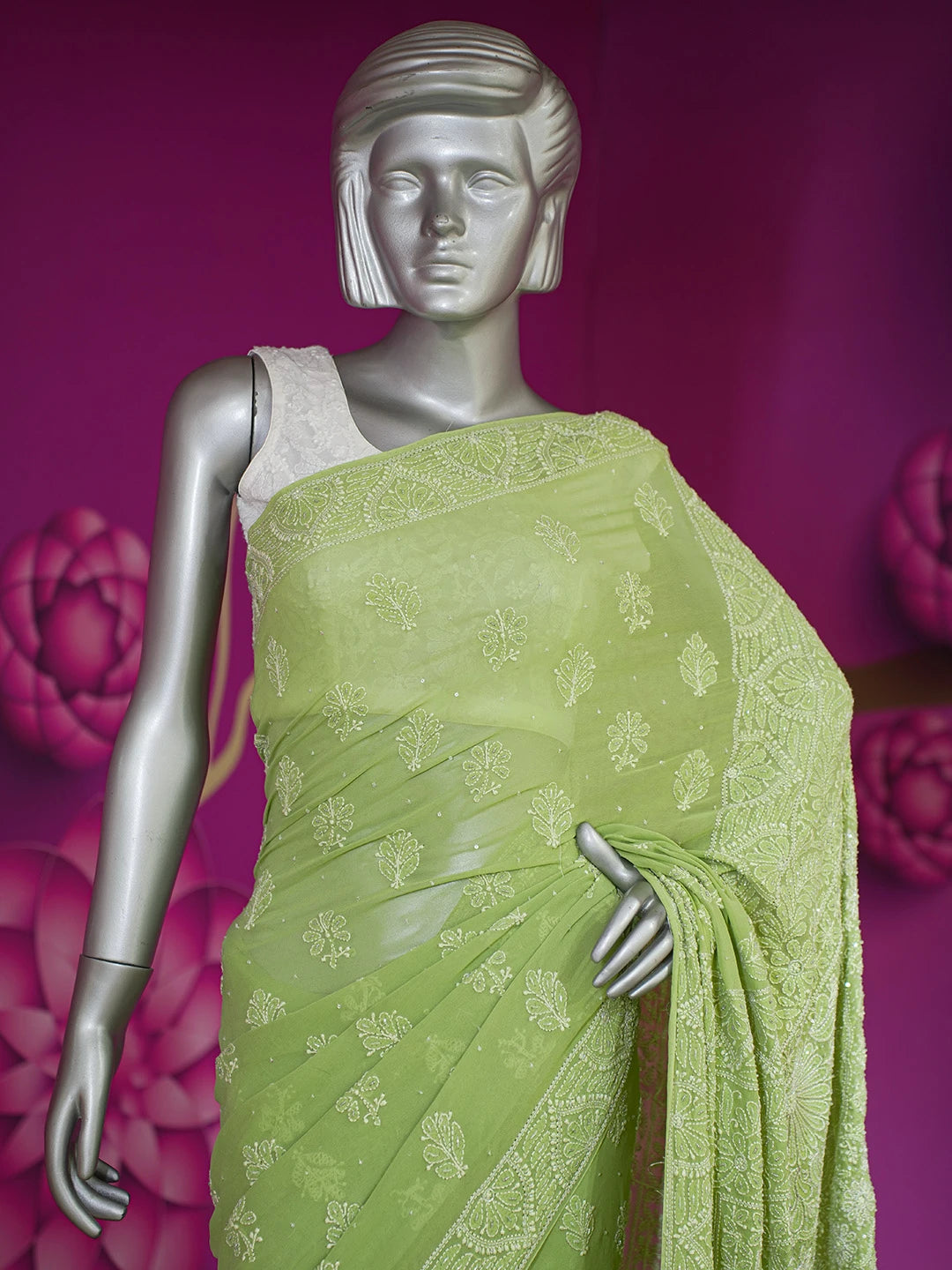 Ada Hand Embroidered Asparagus Green Pure Georgette Lucknowi Chikankari Saree/Blouse With Cutdana  Work 01A567461