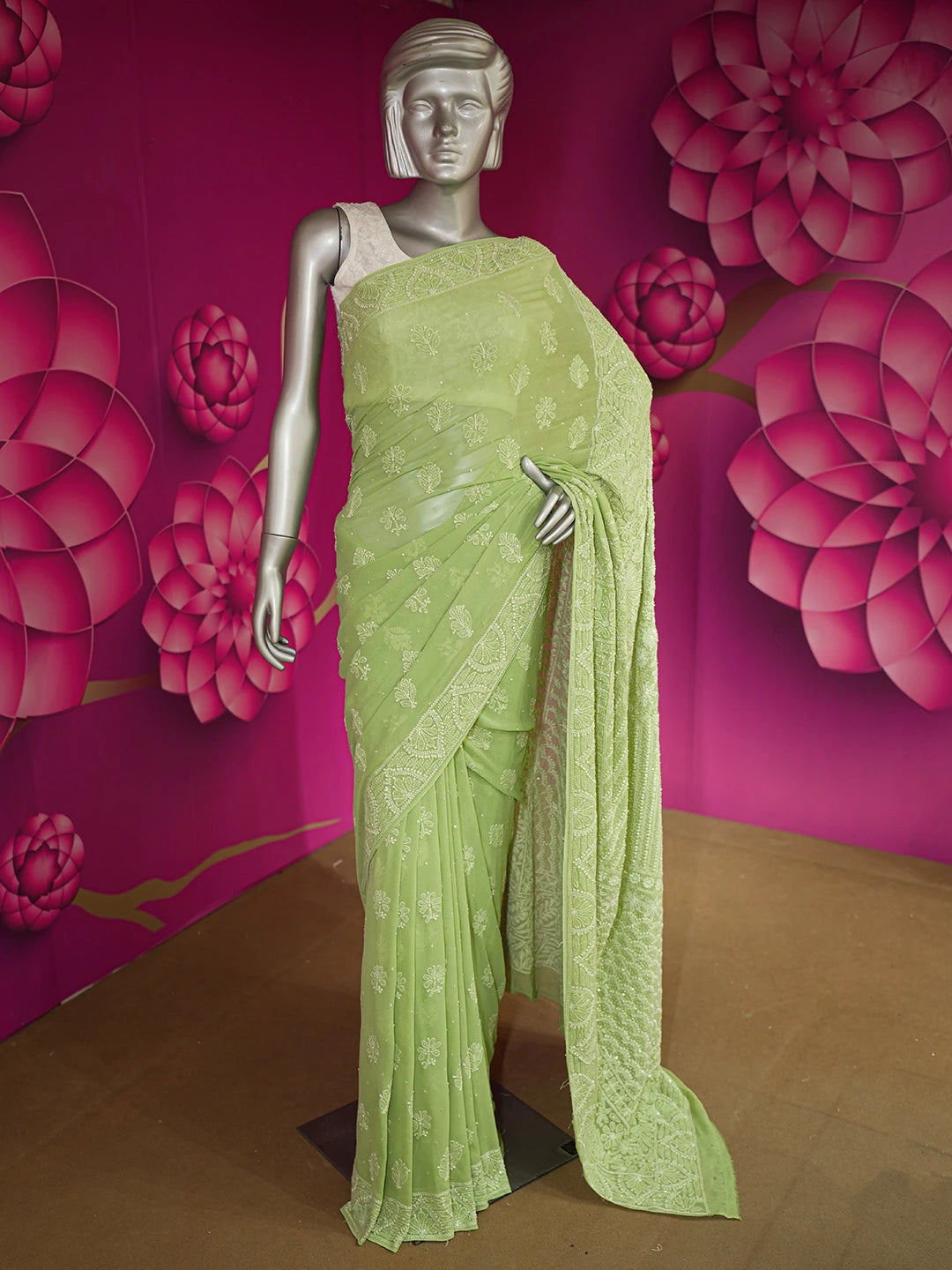 Ada Hand Embroidered Asparagus Green Pure Georgette Lucknowi Chikankari Saree/Blouse With Cutdana  Work 01A567461