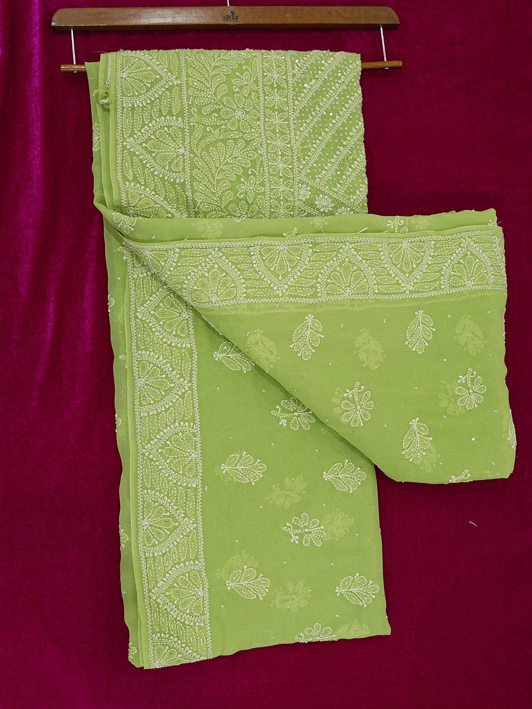 Ada Hand Embroidered Asparagus Green Pure Georgette Lucknowi Chikankari Saree/Blouse With Cutdana  Work 01A567461