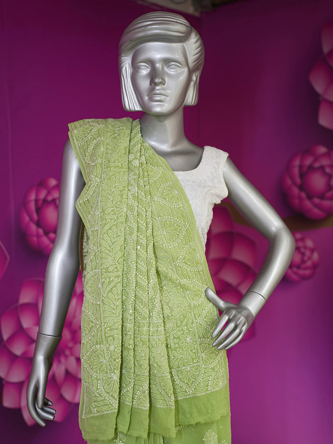 Ada Hand Embroidered Asparagus Green Pure Georgette Lucknowi Chikankari Saree/Blouse With Cutdana  Work 01A567461