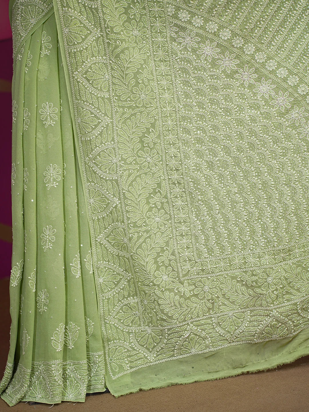 Ada Hand Embroidered Asparagus Green Pure Georgette Lucknowi Chikankari Saree/Blouse With Cutdana  Work 01A567461