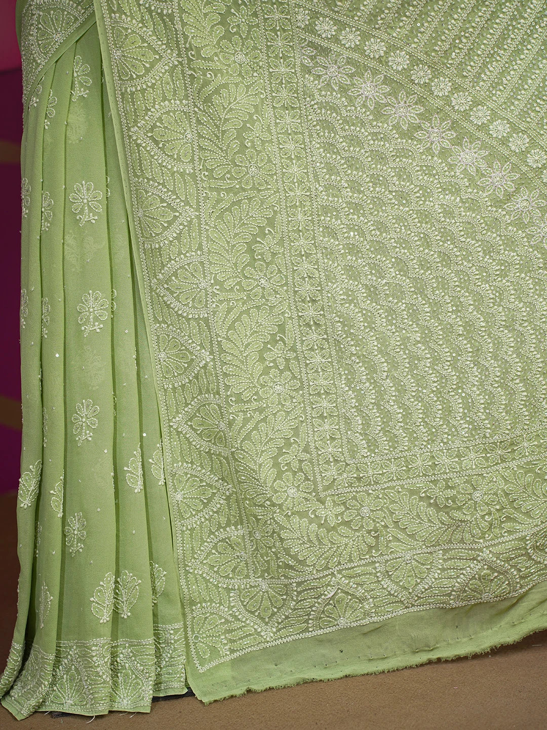 Ada Hand Embroidered Asparagus Green Pure Georgette Lucknowi Chikankari Saree/Blouse With Cutdana  Work 01A567461