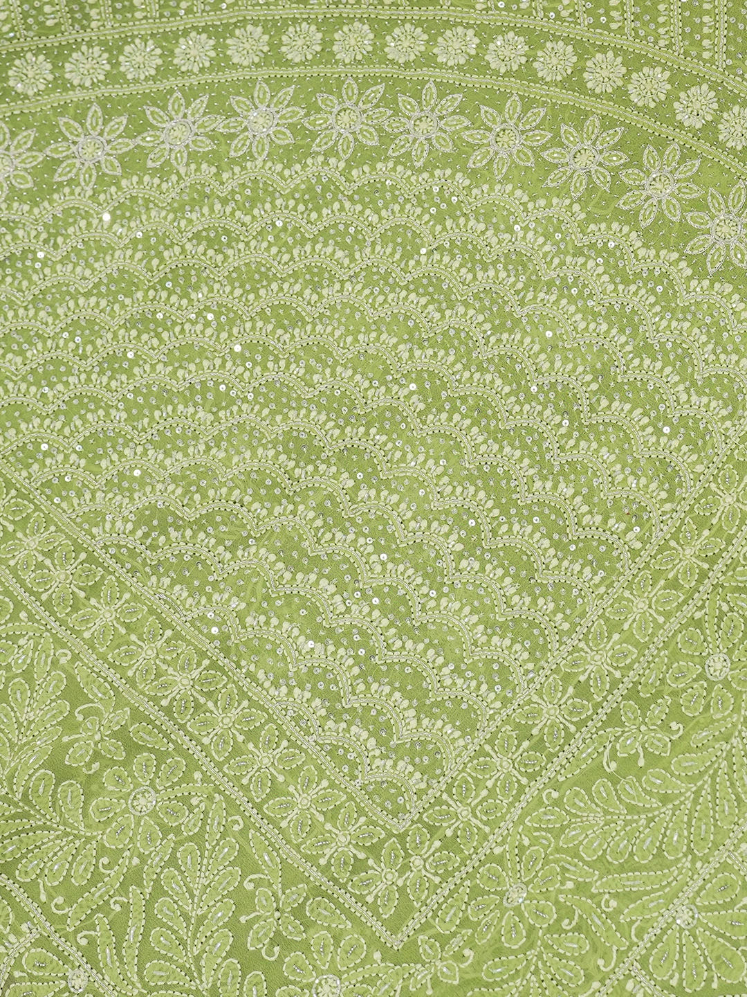 Ada Hand Embroidered Asparagus Green Pure Georgette Lucknowi Chikankari Saree/Blouse With Cutdana  Work 01A567461