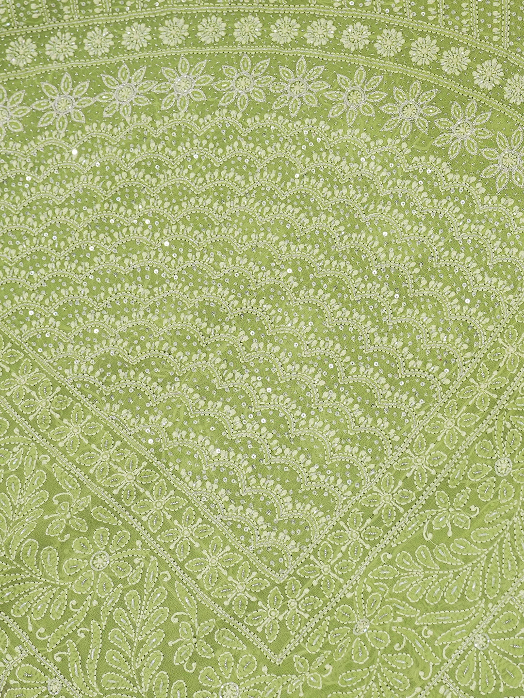 Ada Hand Embroidered Asparagus Green Pure Georgette Lucknowi Chikankari Saree/Blouse With Cutdana  Work 01A567461