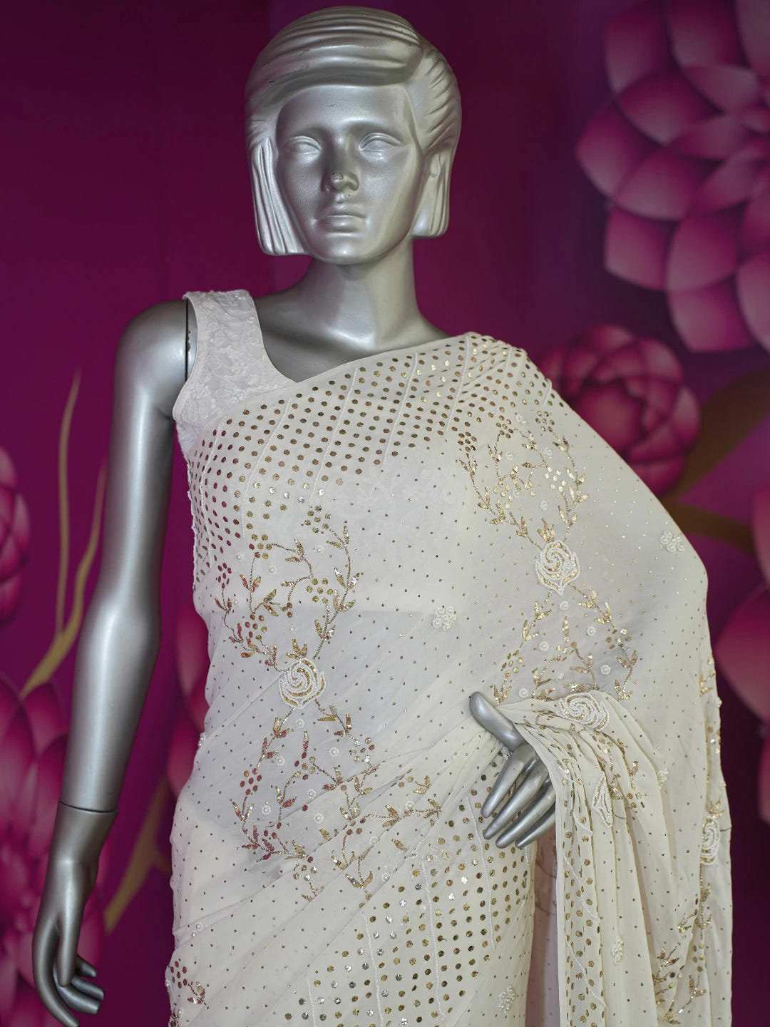 Ada Hand Embroidered White Papaya Whip Pure Georgette Lucknowi Chikankari Saree/Blouse With Muqaish Work 01A595663