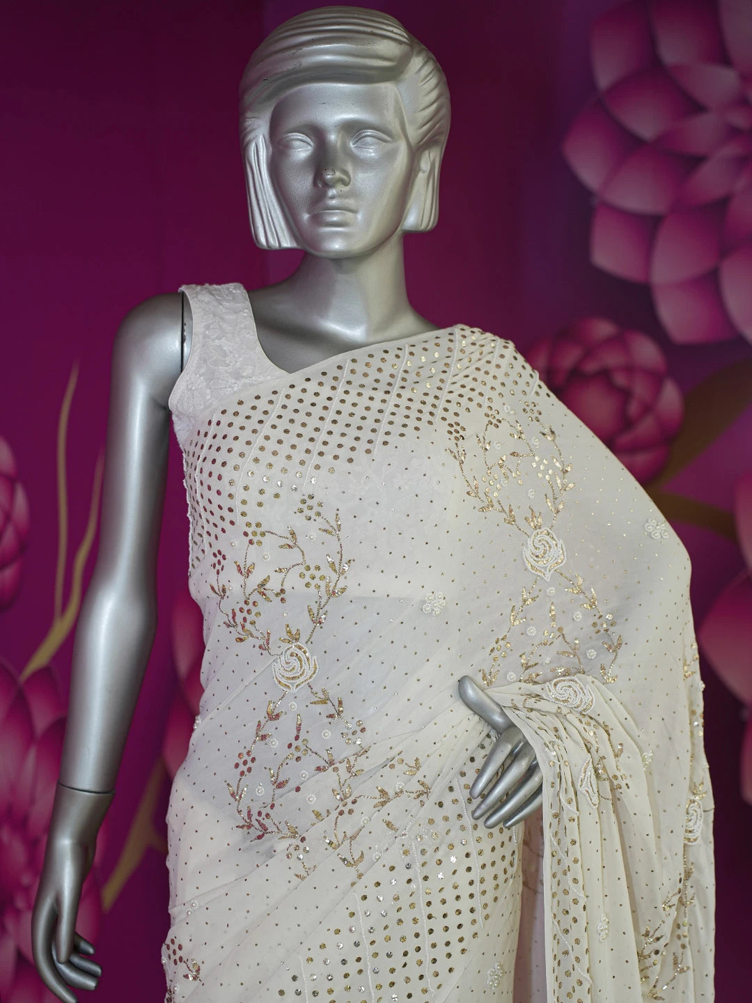 Ada Hand Embroidered White Papaya Whip Pure Georgette Lucknowi Chikankari Saree/Blouse With Muqaish Work 01A595663