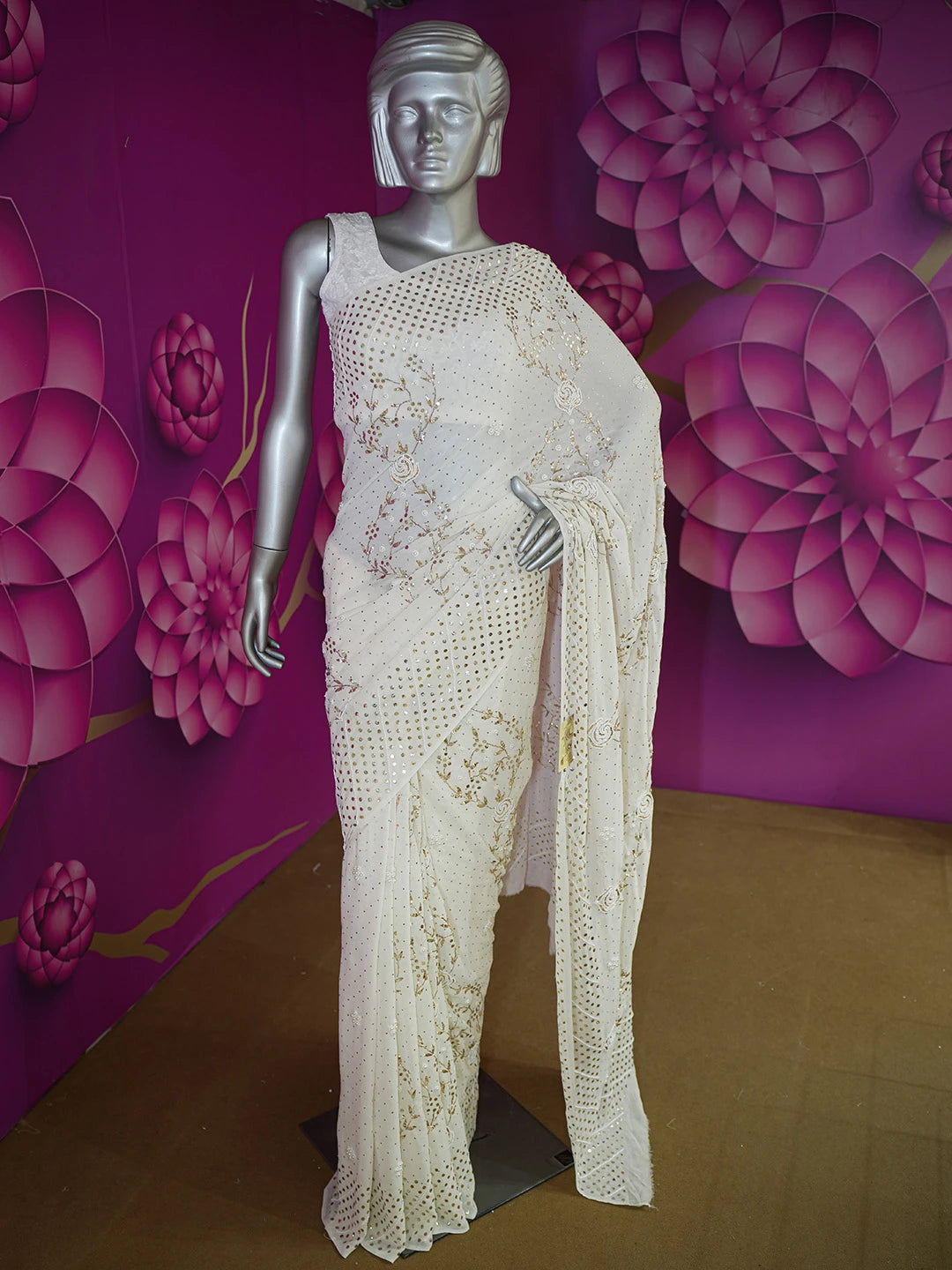 Ada Hand Embroidered White Papaya Whip Pure Georgette Lucknowi Chikankari Saree/Blouse With Muqaish Work 01A595663