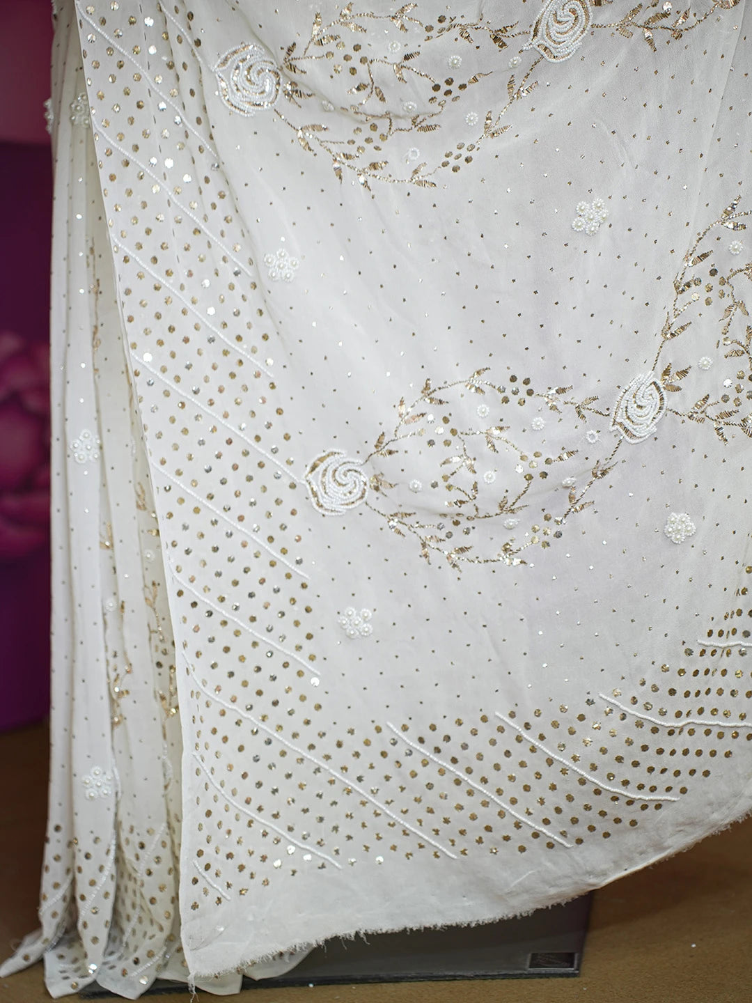 Ada Hand Embroidered White Papaya Whip Pure Georgette Lucknowi Chikankari Saree/Blouse With Muqaish Work 01A595663