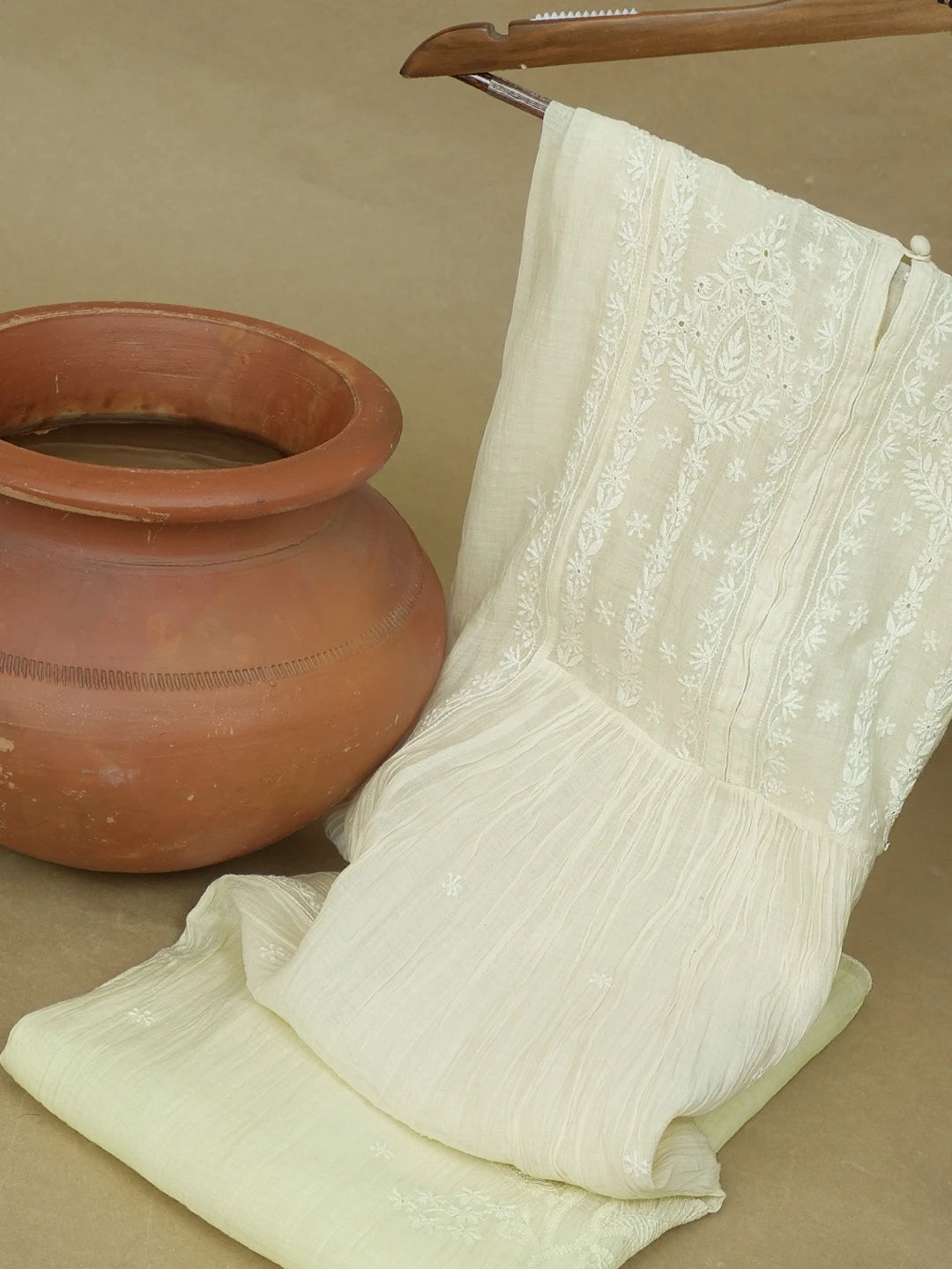 Ada Hand Embroidered Ombre Shade of Cream and Lemon Chanderi Lucknowi Chikankari Semi-Stitched Kurta Piece 01A415107