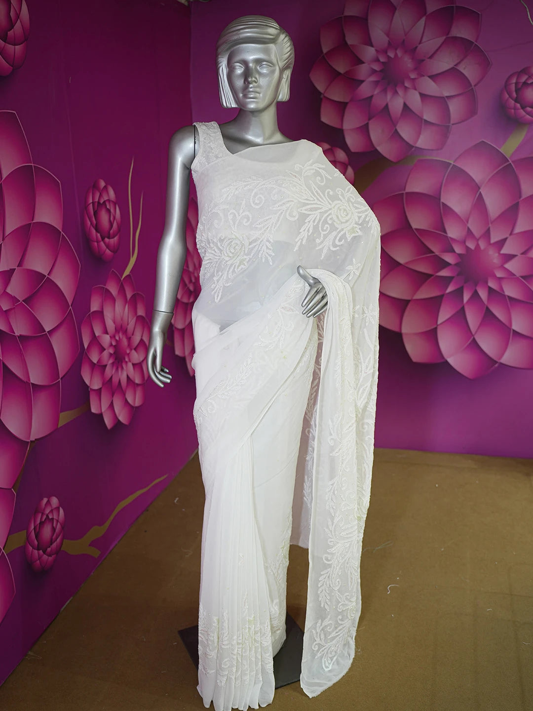 Ada Hand Embroidered White Viscose Georgette Lucknowi Chikankari Saree and Blouse With Cutdana Work 01A591578