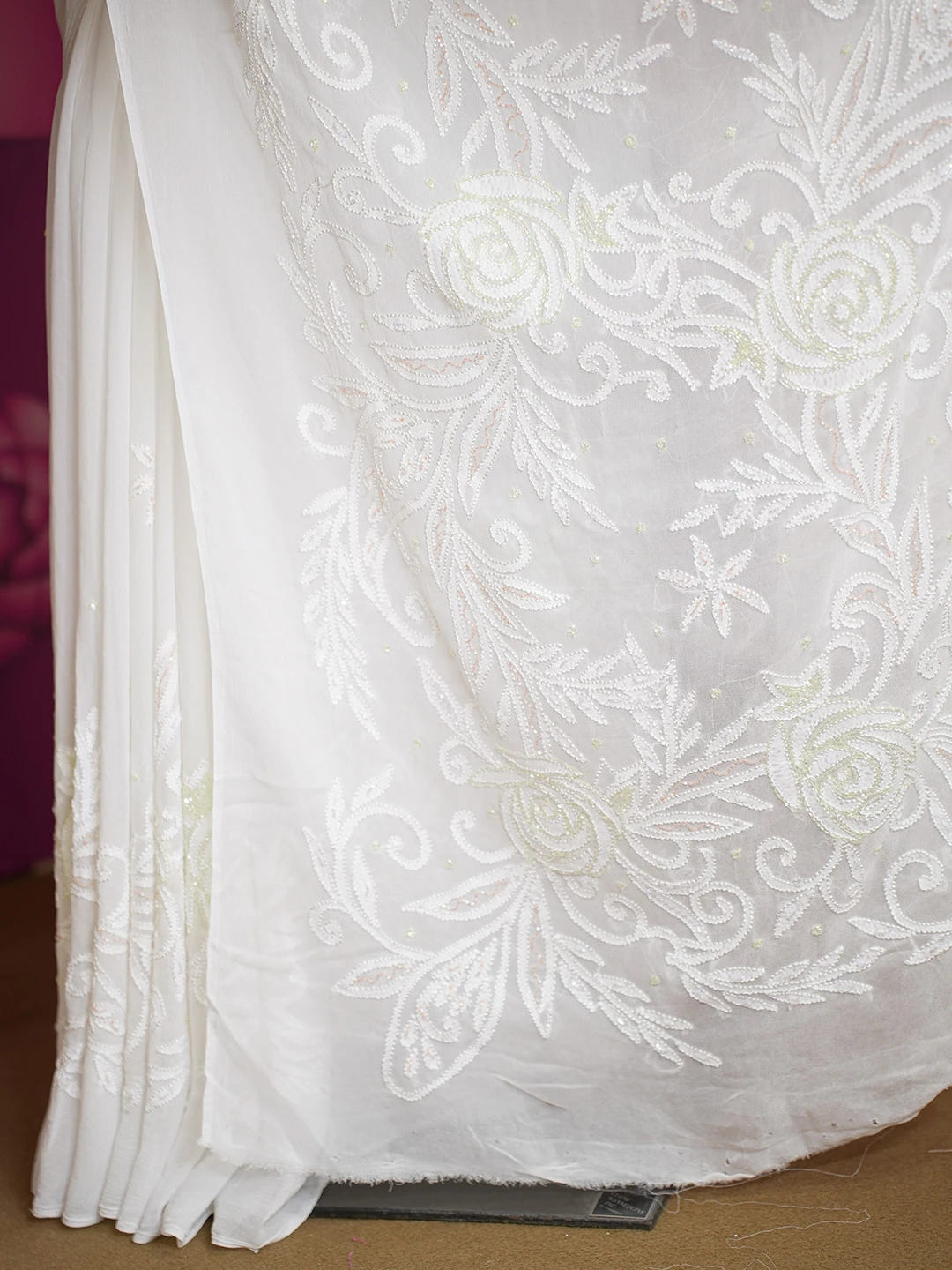 Ada Hand Embroidered White Viscose Georgette Lucknowi Chikankari Saree and Blouse With Cutdana Work 01A591578