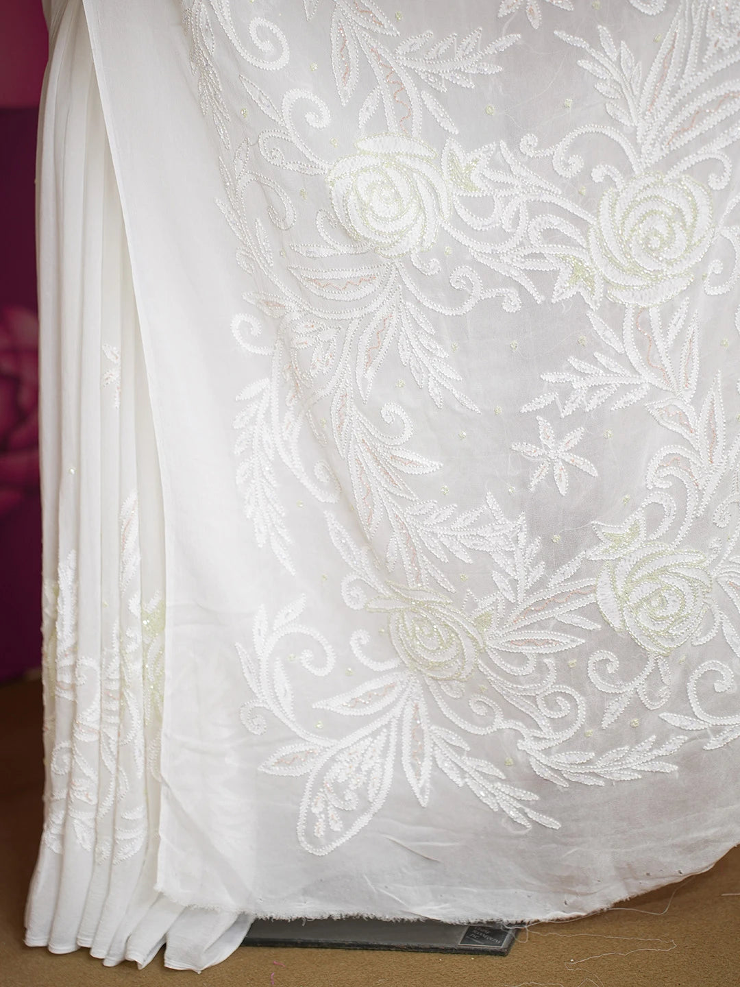 Ada Hand Embroidered White Viscose Georgette Lucknowi Chikankari Saree and Blouse With Cutdana Work 01A591578