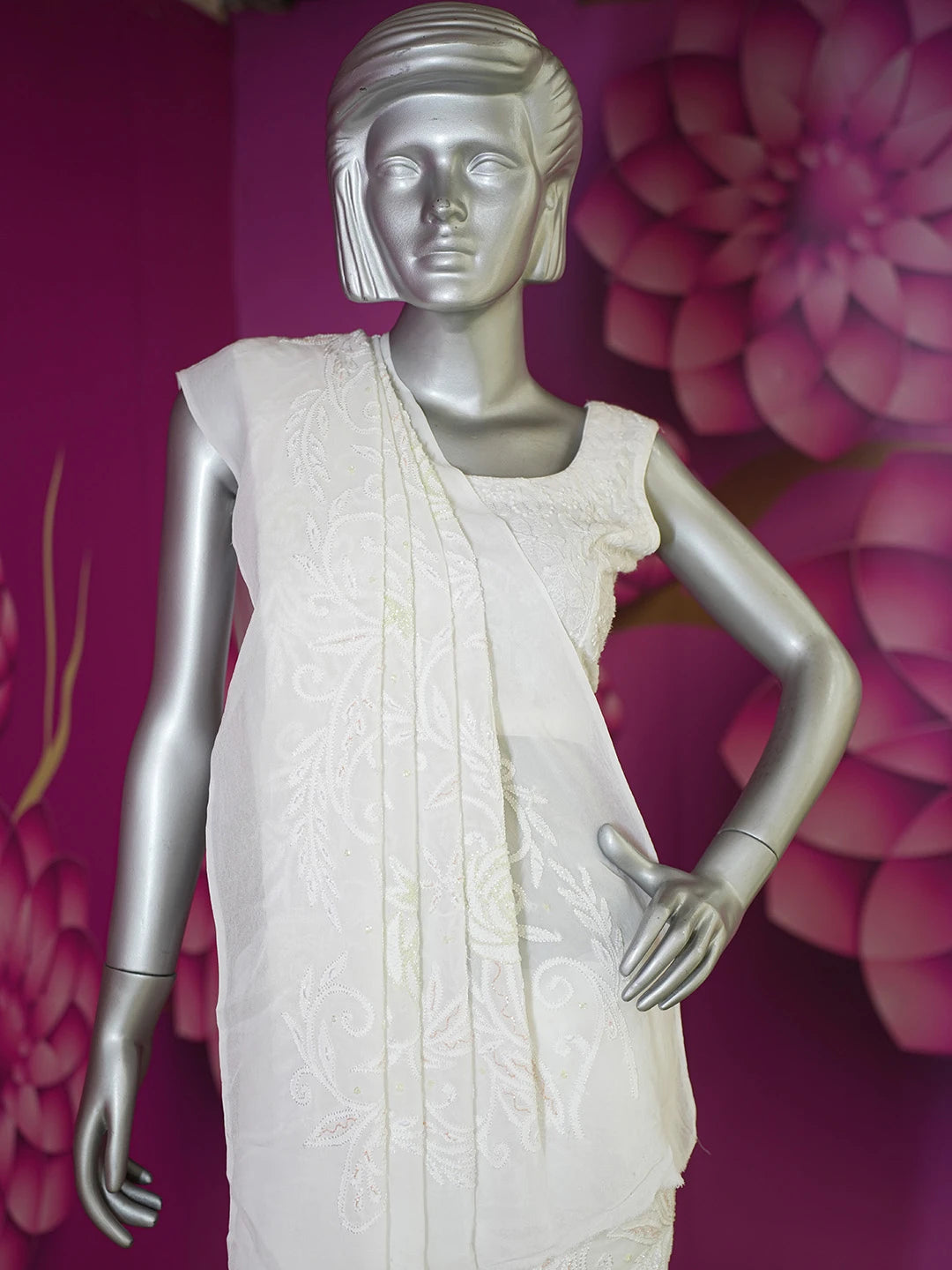Ada Hand Embroidered White Viscose Georgette Lucknowi Chikankari Saree and Blouse With Cutdana Work 01A591578