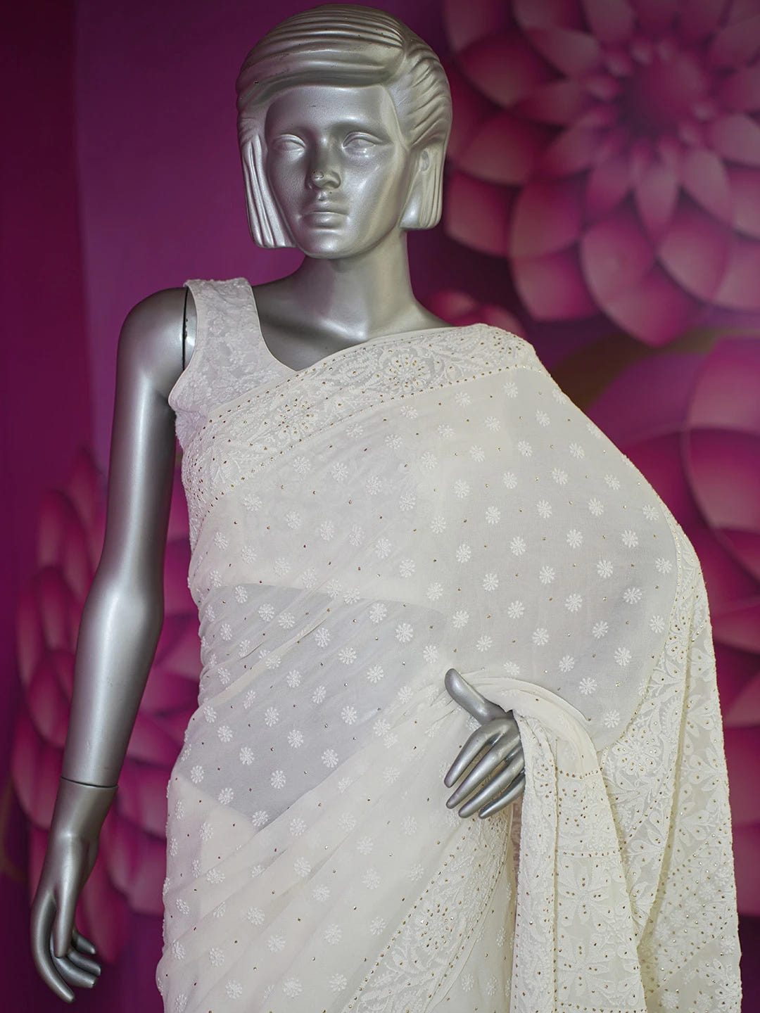 Ada Hand Embroidered White Pure Georgette Lucknowi Chikankari Saree and Blouse With Muqaish Work 01A449532